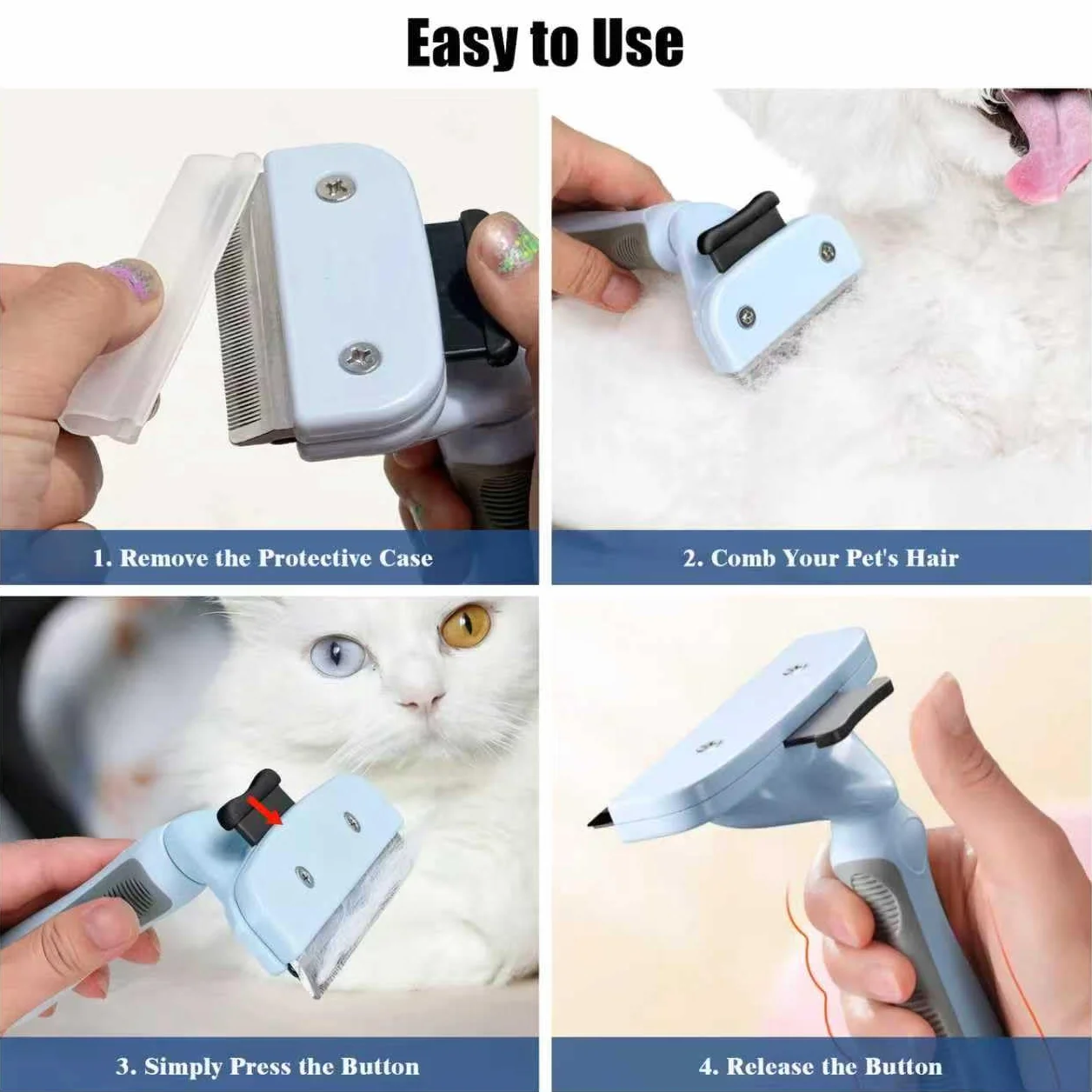 Brosse pour Chat et Chien, Brosses Poil Court et Long, Nettoyage en un Clic, Bleu