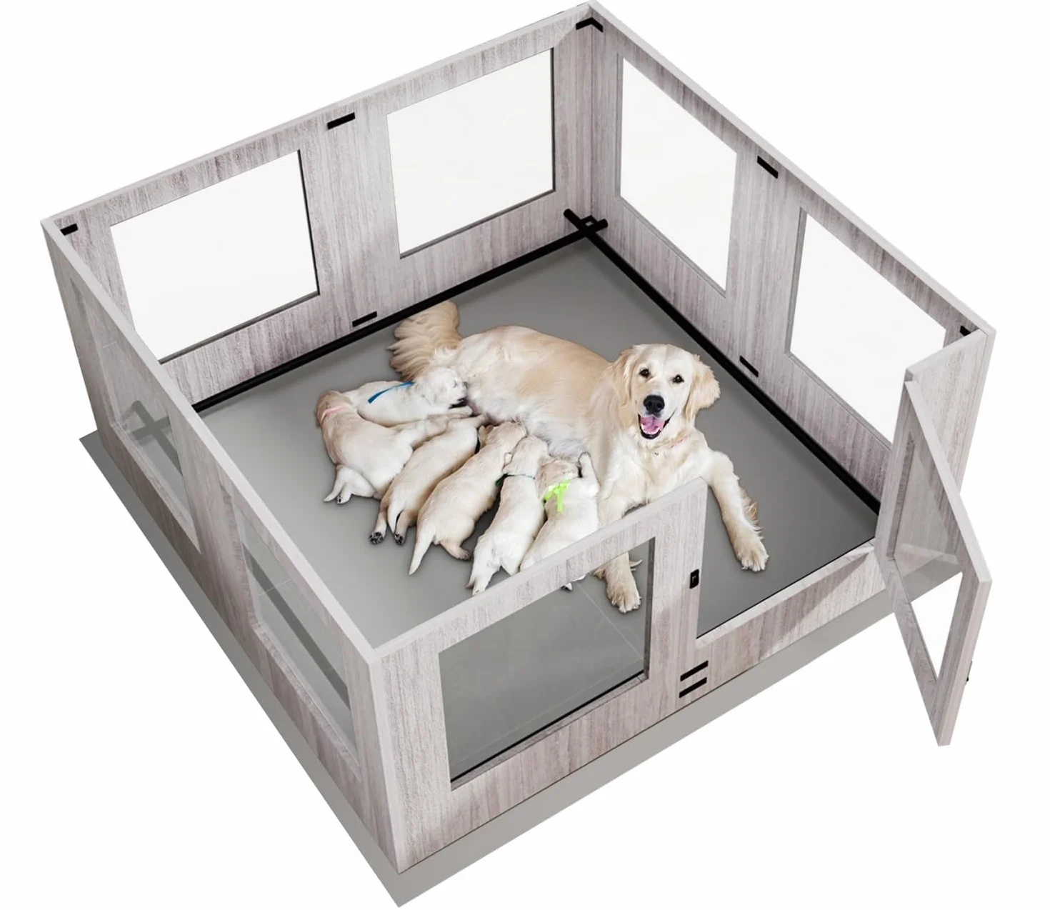 BingoPaw Parc pour Chien Intérieur Carré Enclos Grand avec Porte Verre Trempé Tapis 120x118.6x60cm