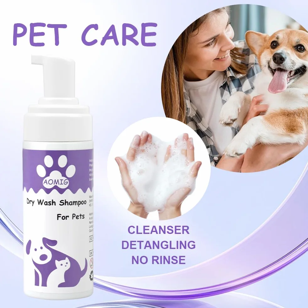 Aomig Shampoing Sec Chat Chien 150ml sans Rinçage Nettoyage Profondeur Poil Brillant Naturel