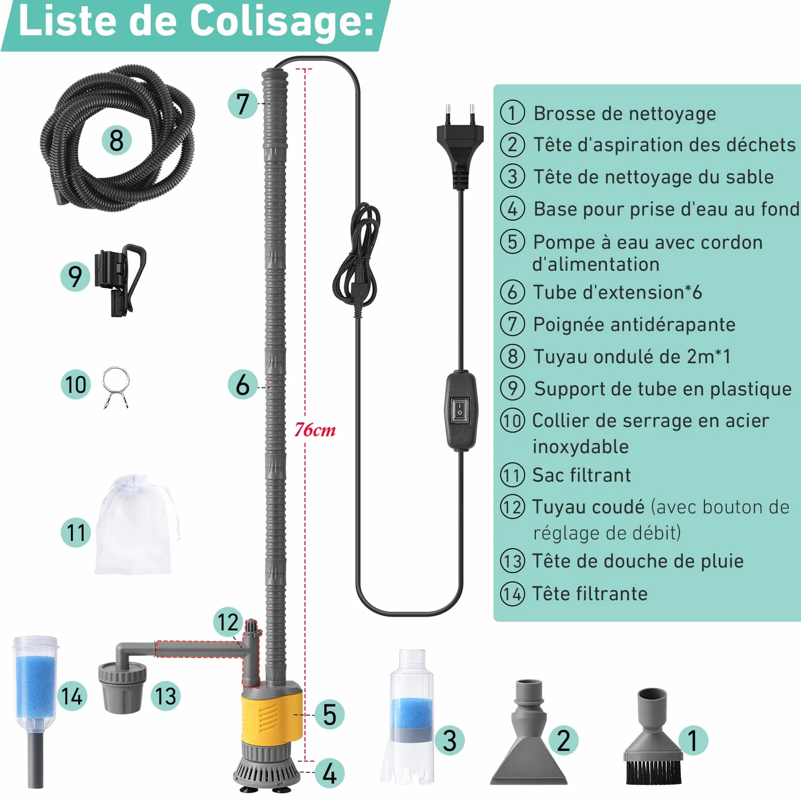 Aspirateur Électrique Aquarium 1200LPH Nettoyage Gravier 20W Amovible