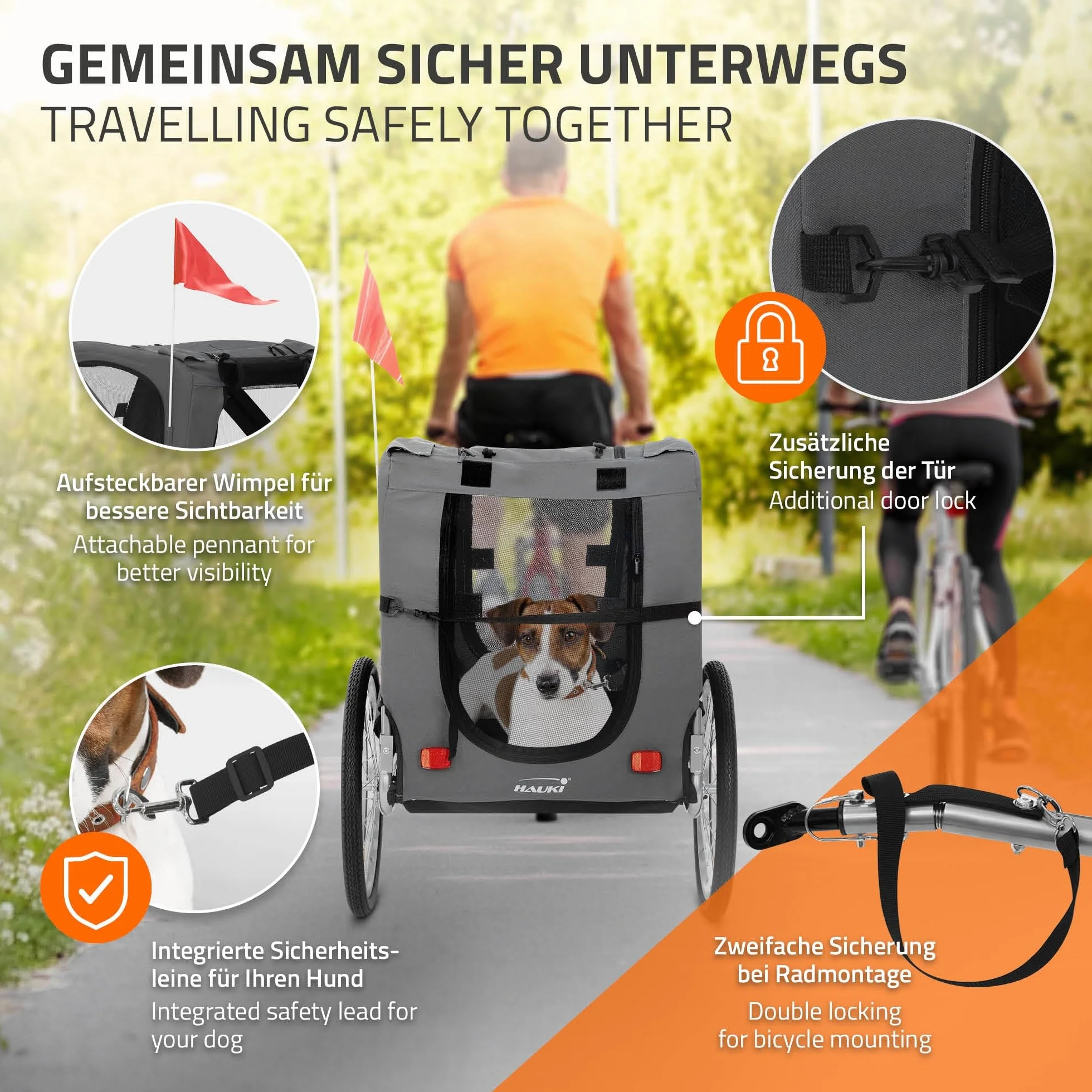 Hauki Remorque 2in1 de Vélo et Poussette de Chien, Pliable, Gris, en Acier/Tissu Oxford, 130x72x90 cm, Chariot avec Réflecteurs Laisse et Drapeau, Charge Max. 40 kg, Transport d'animaux de Compagnie