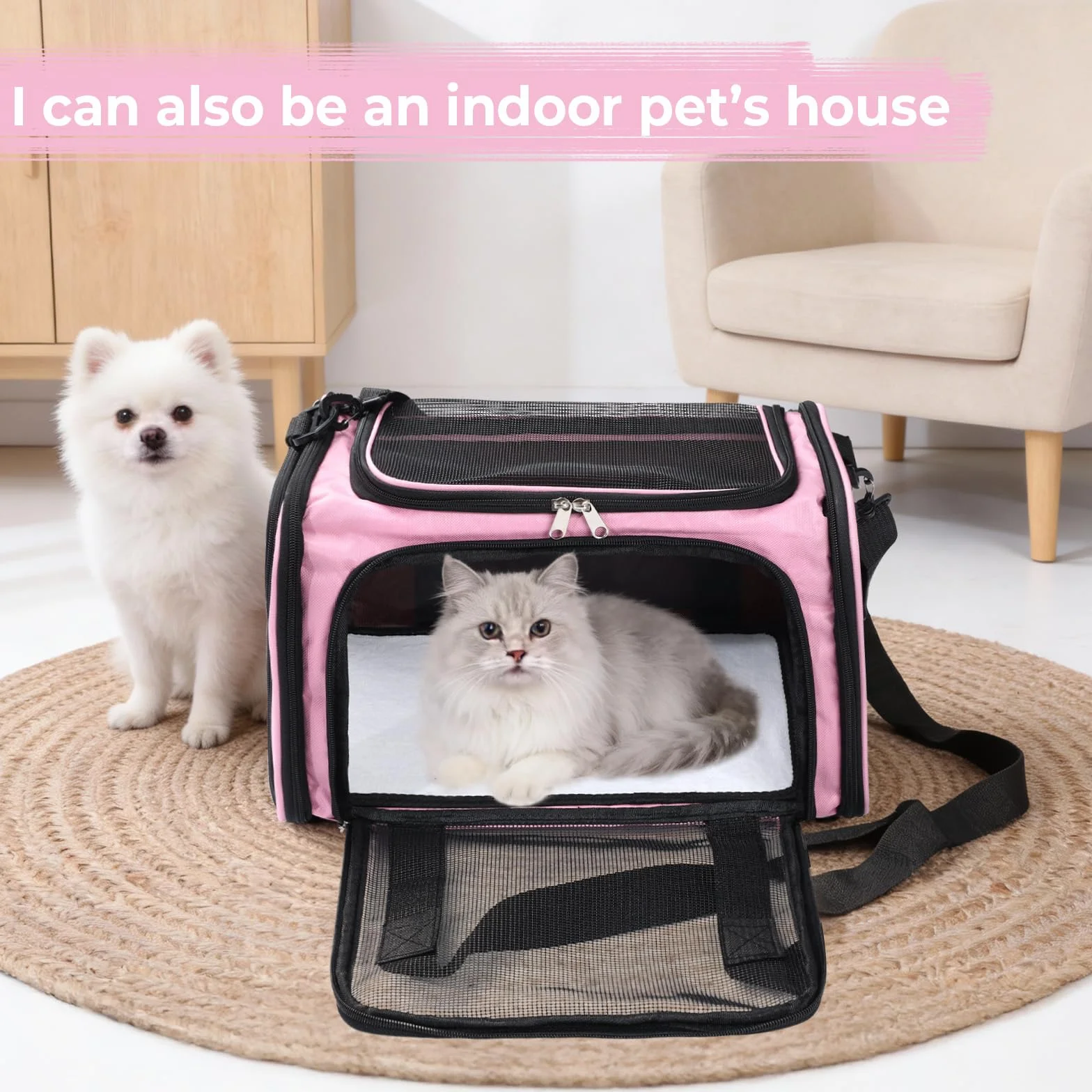 Sac de Transport pour Chat et Chien 5.5 kg Pliable avec Bandoulière Réglable et Matelas Souple Lavable Rose 40x25x25cm