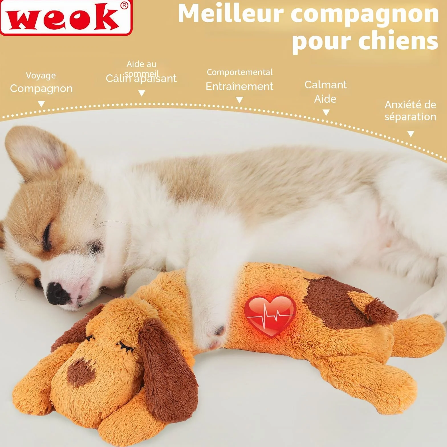 Jouet pour Chiot Oreiller Confortable Anti-Anxiété en Peluche avec Battements de Cœur pour Chiens et Chats