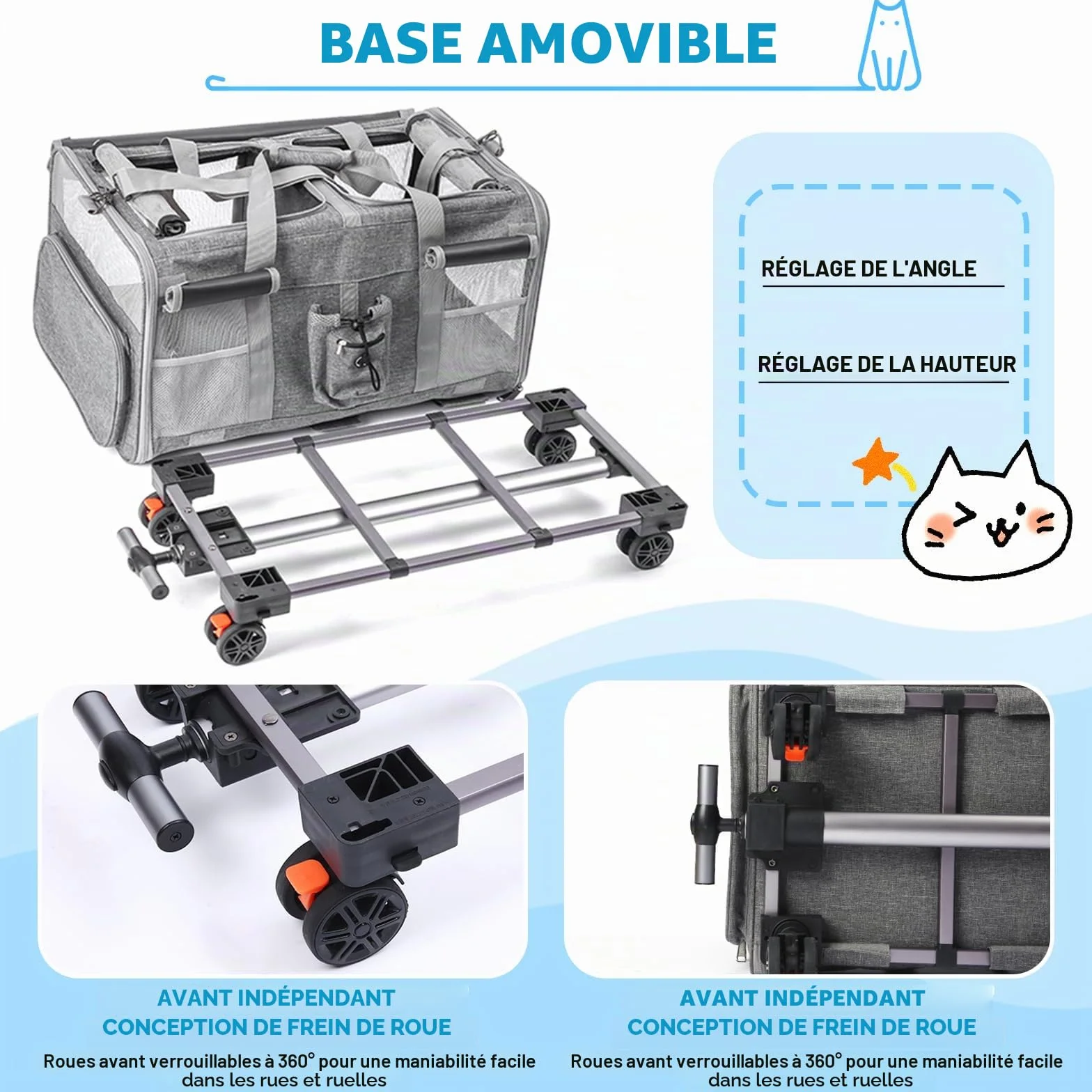 Sac à roulettes pour Chat Chien Pliable Transporteur Roulant, Sac de Transport Chats Poignée Télescopique Bandoulière pour 2 Chats et Petits Chiens jusqu'à 20 kg, Design ventilé