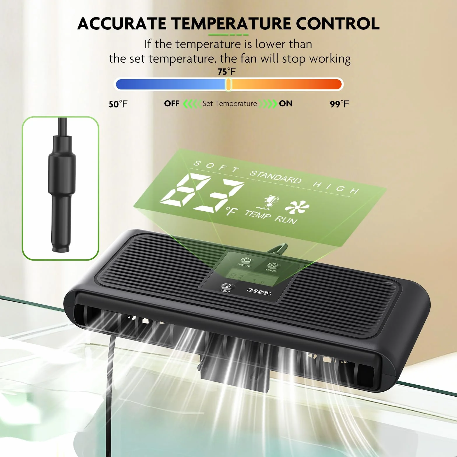 PAIZOO Ventilateur refroidisseur pour aquarium, contrôle automatique de la température, refroidisseur de bac à poissons, ventilateur d'aquarium avec sonde de température, écran LCD, 3 modes de vitesse