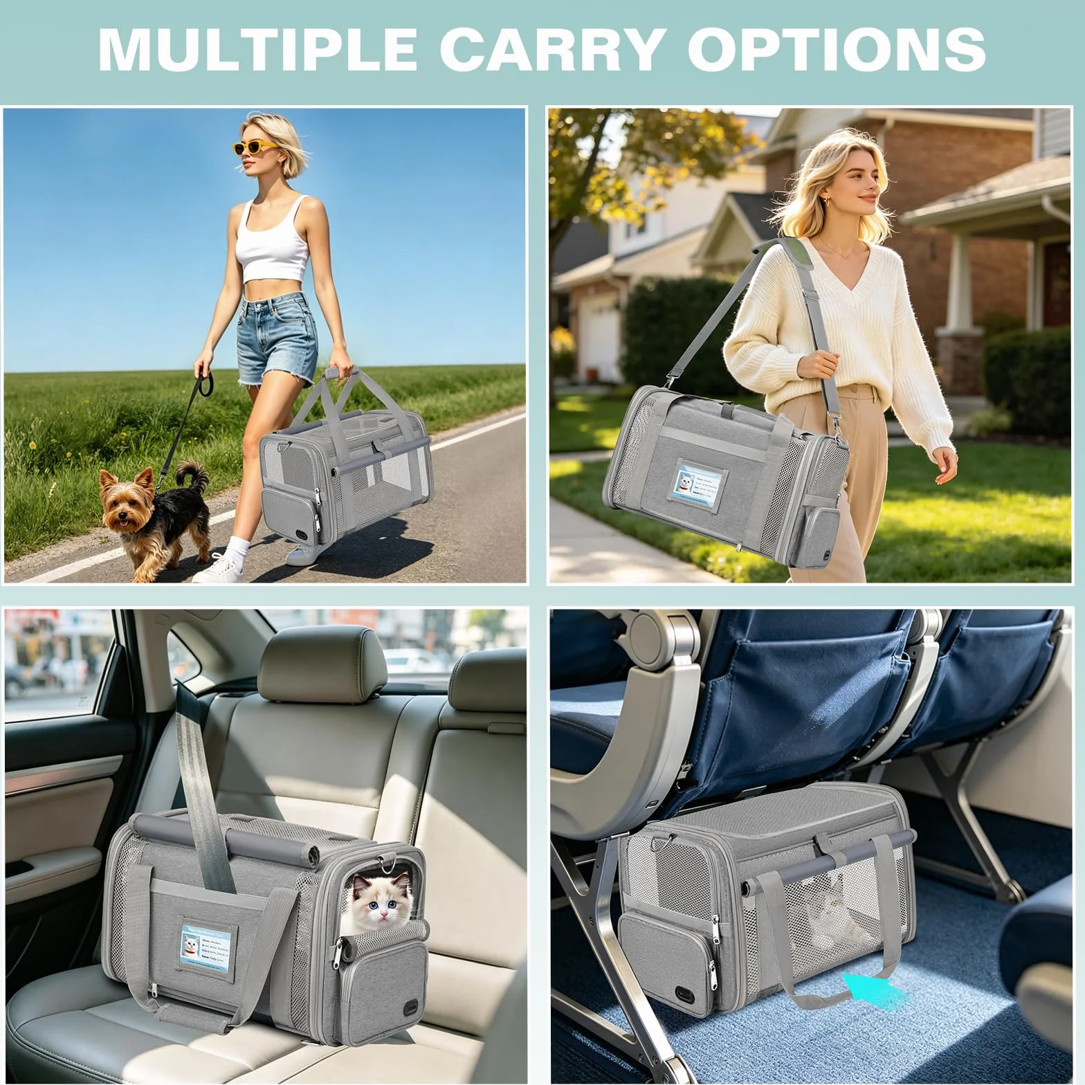 Sac Transport Chat Approuvé Aviation Sac Transport Chien Respirant et Pliable Caisse de Transport Chat avec Bandoulière Réglable Portable Cage Transport Chat avec Tapis Réversible (Gris)