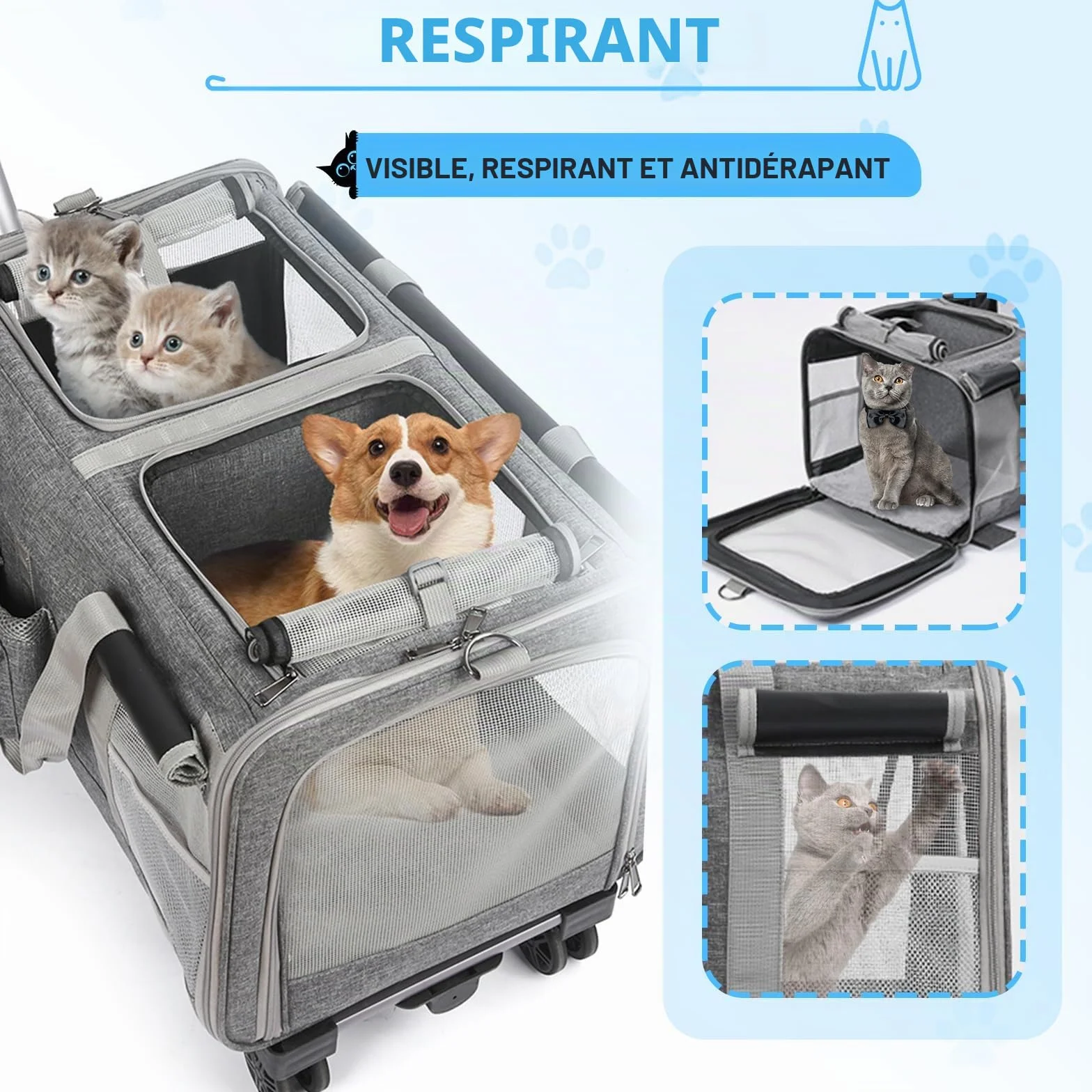 Sac à roulettes pour Chat Chien Pliable Transporteur Roulant, Sac de Transport Chats Poignée Télescopique Bandoulière pour 2 Chats et Petits Chiens jusqu'à 20 kg, Design ventilé