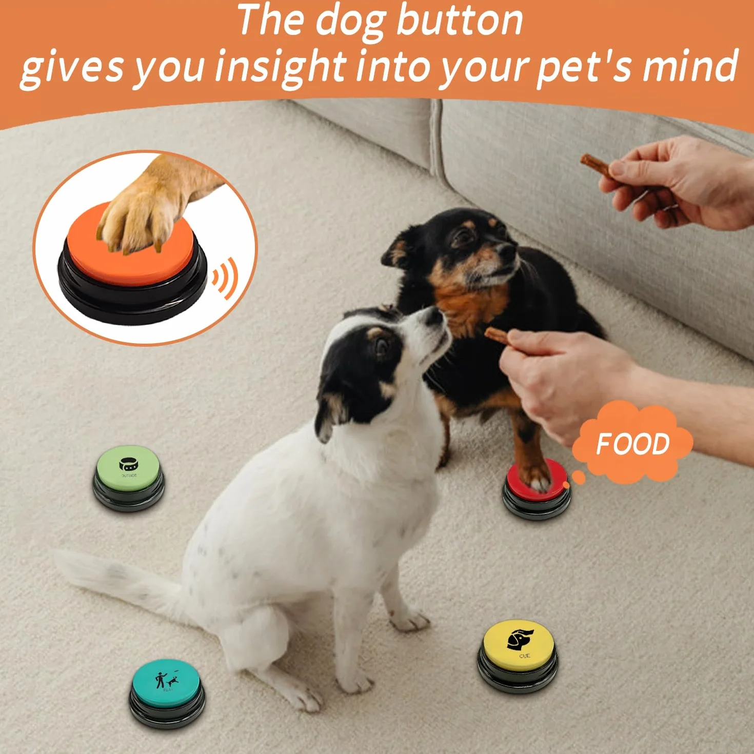 4 Boutons de Communication pour Chien, Boutons enregistrables, Boutons pour Chiens, 4 Boutons, 1 Tampon en Caoutchouc, 50 Autocollants, entraînez Votre Chien à Parler