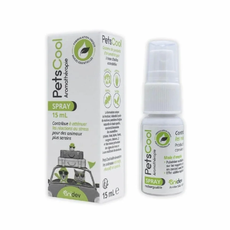 Anidev PetsCool Spray apaisant 15 ML - Anti Stress Chien Chat NAC - Huiles essentielles valériane vétiver Sauge Basilic - Action Rapide Inhalation Multi espèces