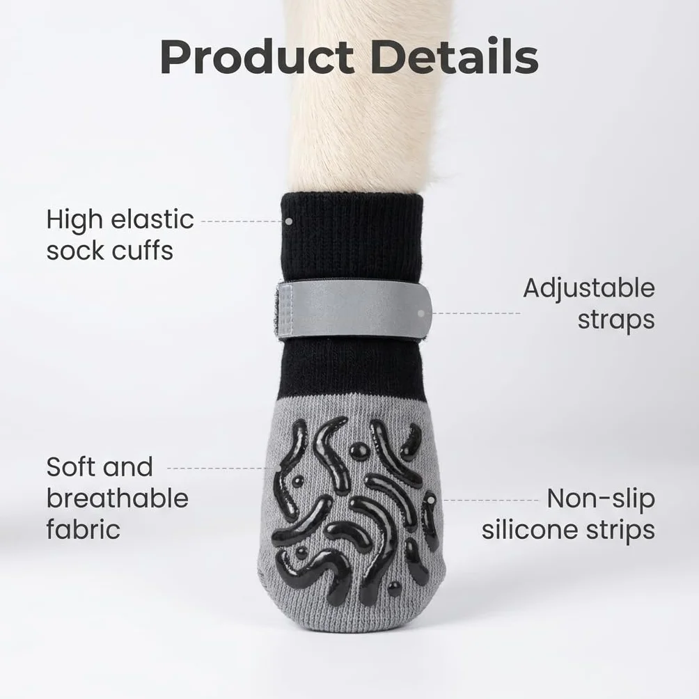 Chaussettes Antidérapantes pour Chien 2 Paires, Protège-Pattes Réglables avec Motifs en Silicone