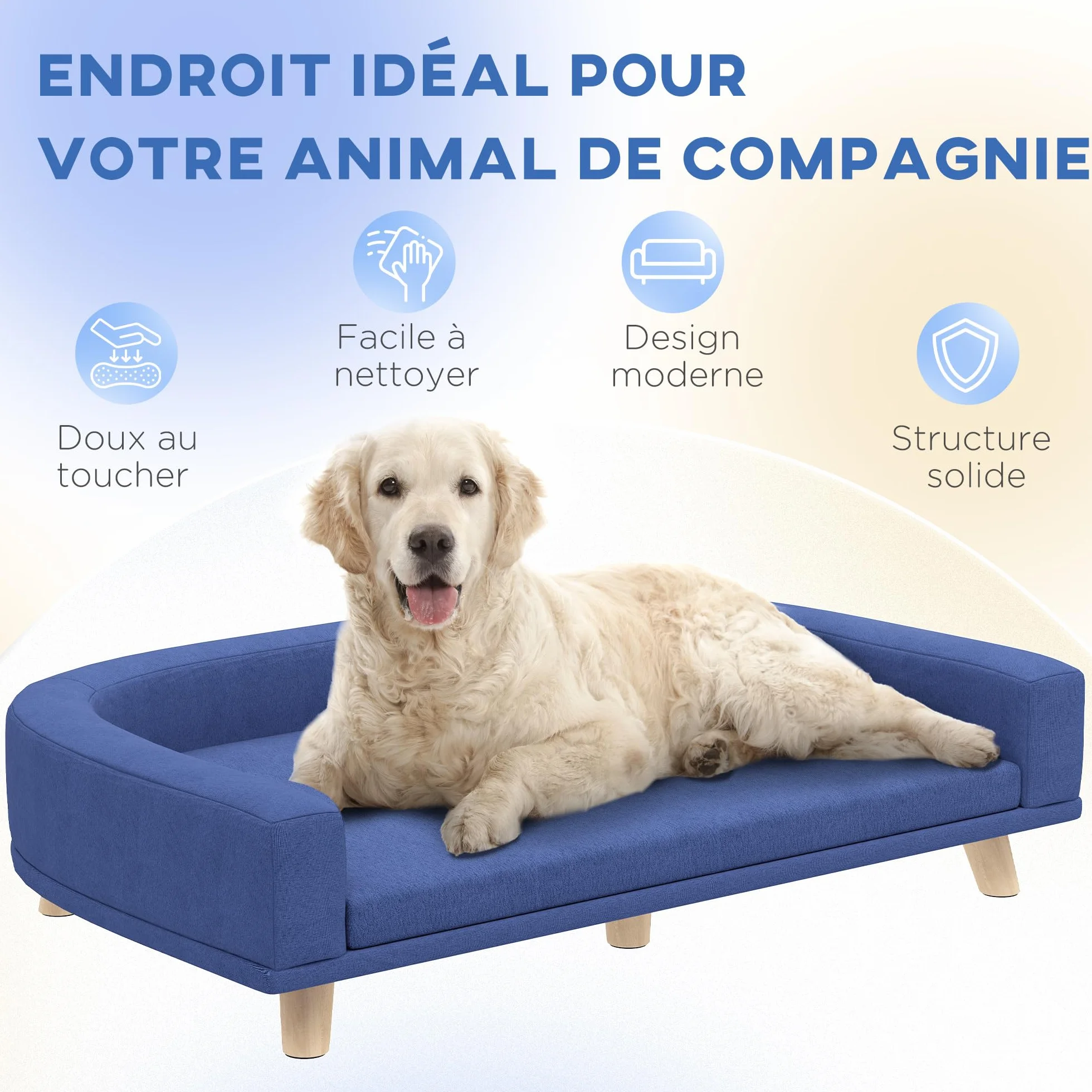 PawHut Canapé Chien Lit pour Chien avec Coussin Déhoussable Housse Lavable Design Scandinave Tissu Polyester Pieds Bois 98 x 67 x 25 cm Bleu