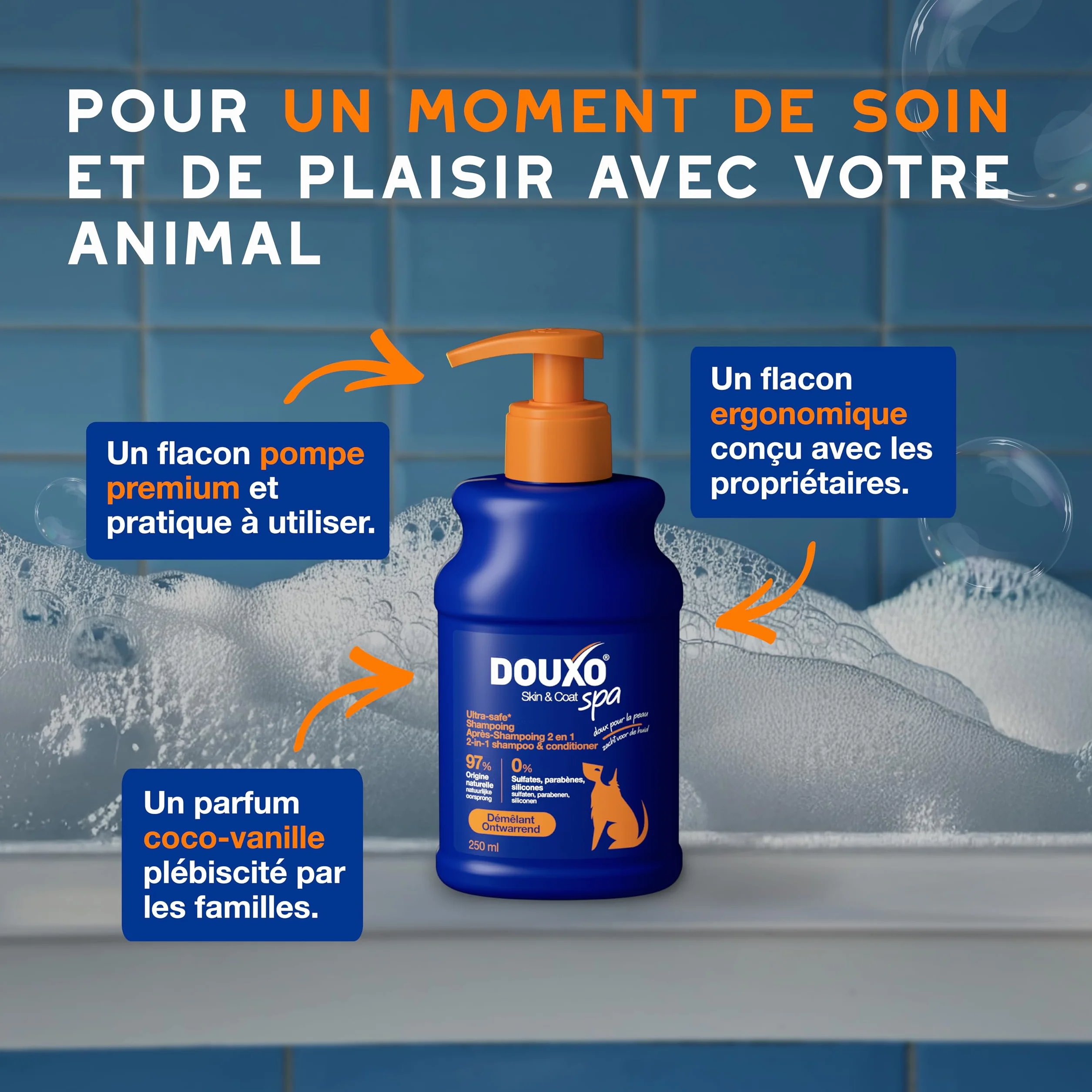 DOUXO Skin & Coat Spa - Ultra-Safe Shampoing 2 en 1 démêlant pour Chiens, 250 ML, nettoie et Hydrate en Profondeur la Peau et Le Poil, Laisse Le Pelage Doux, Soyeux et démêlé, respecte la Peau.