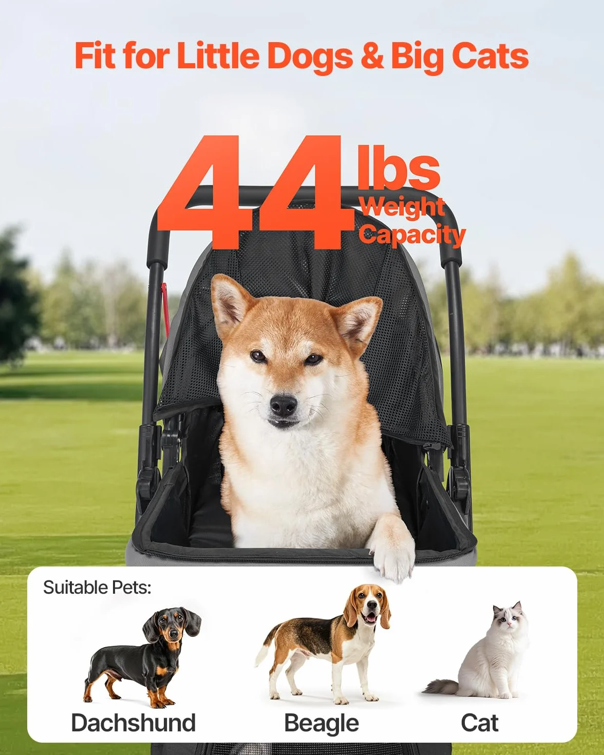 VEVOR Poussette pour Chien Pliable, Charge 20 kg, 4 Roues avec Freins Arrière, Fenêtres en Maille, Poignée Réversible, pour Petits et Moyens Animaux