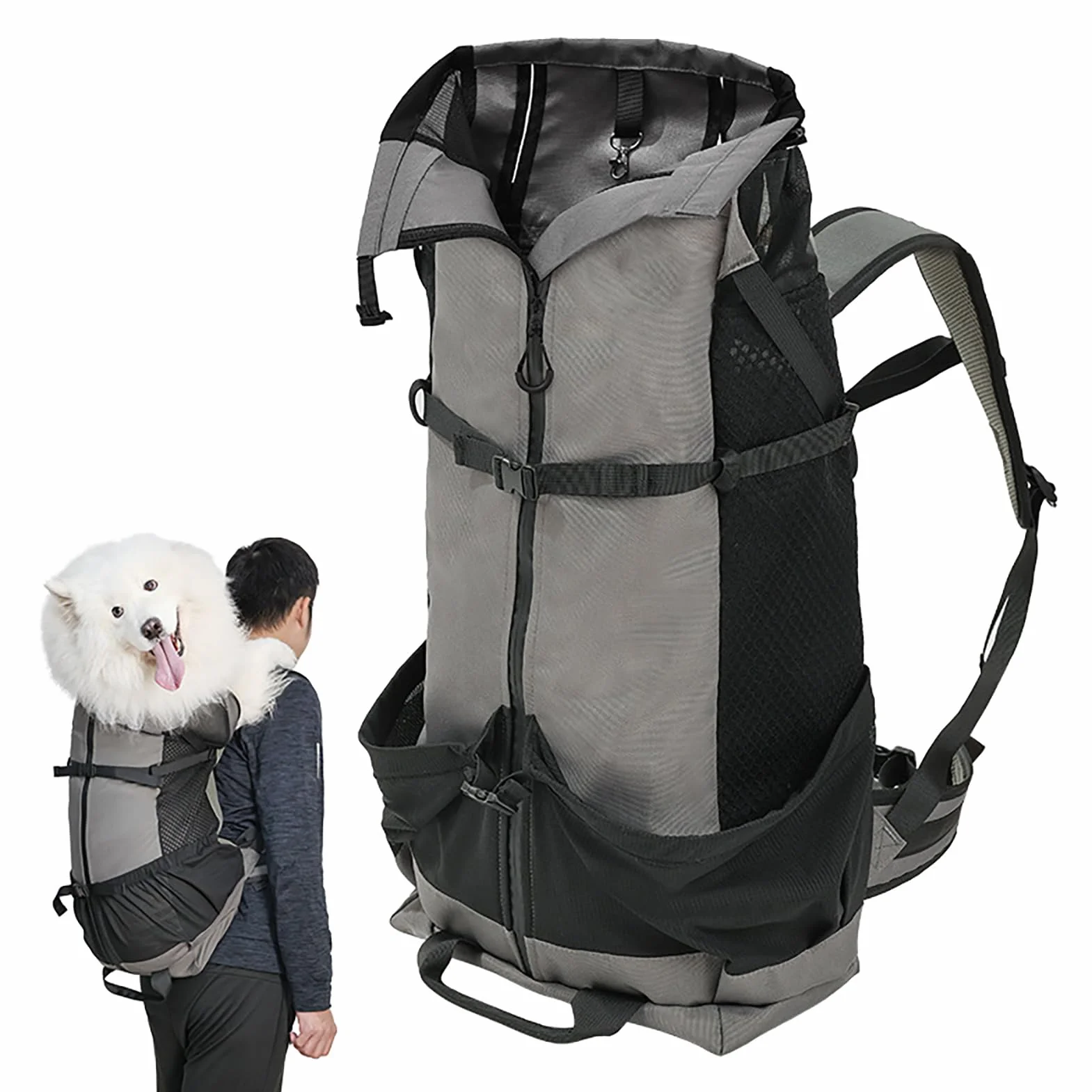 Sac à dos pour chien de transport spacieux en tissu durable anti-pincement avec bretelles réglables et harnais