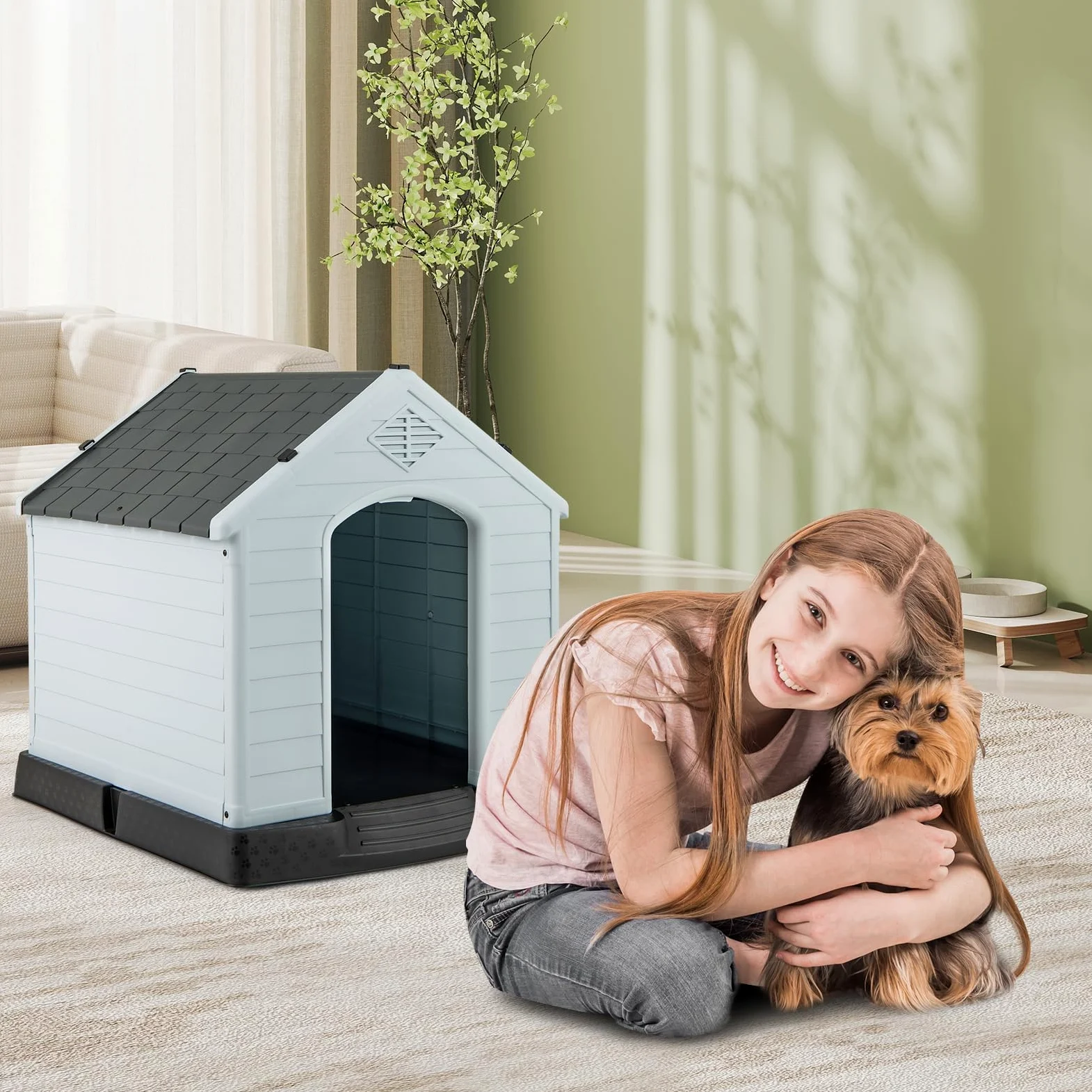 FANTASK Niche d'extérieur pour Chien, en Plastique, avec Sol surélevé et Toit imperméable, pour Jardin, intérieur et extérieur, 70 x 65 x 71,5 cm, Gris