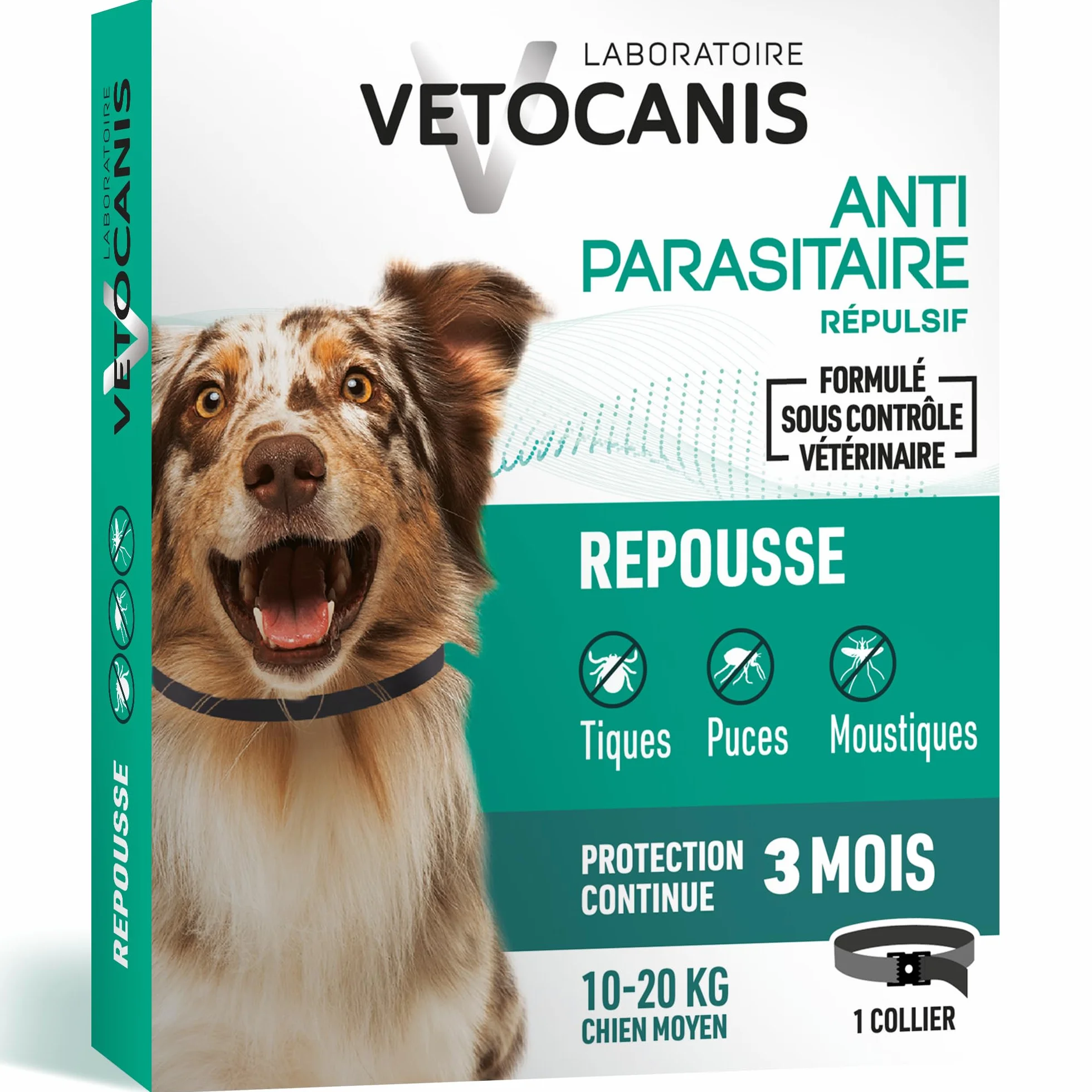 Vetocanis Collier Anti Puces pour Chien, Répulsif Puces Tiques Moustiques, Protection 3 mois, Antiparasitaire 10-20 kg