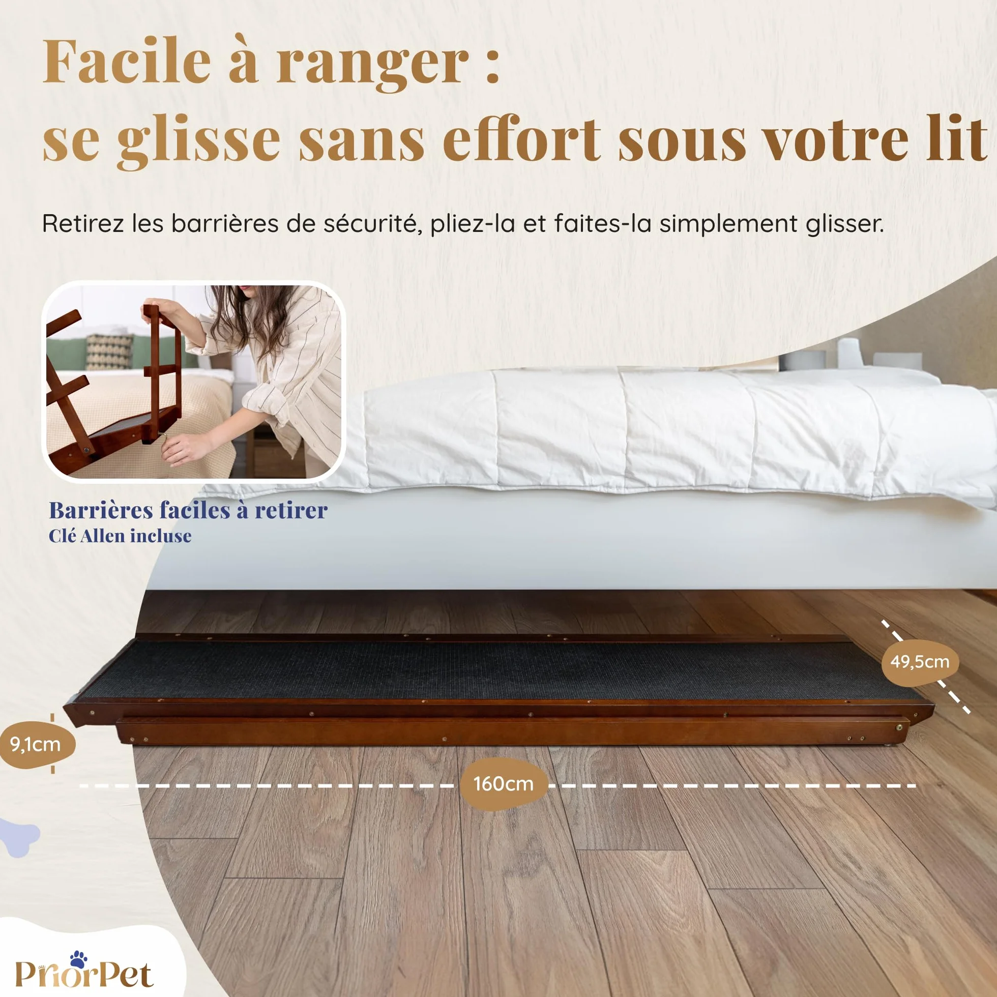 Rampe pour Chien Grande Taille avec Barrières de Sécurité, Pliable, Antidérapante, Bois de Bouleau, Noix, jusqu'à 94,5 cm, 90 kg
