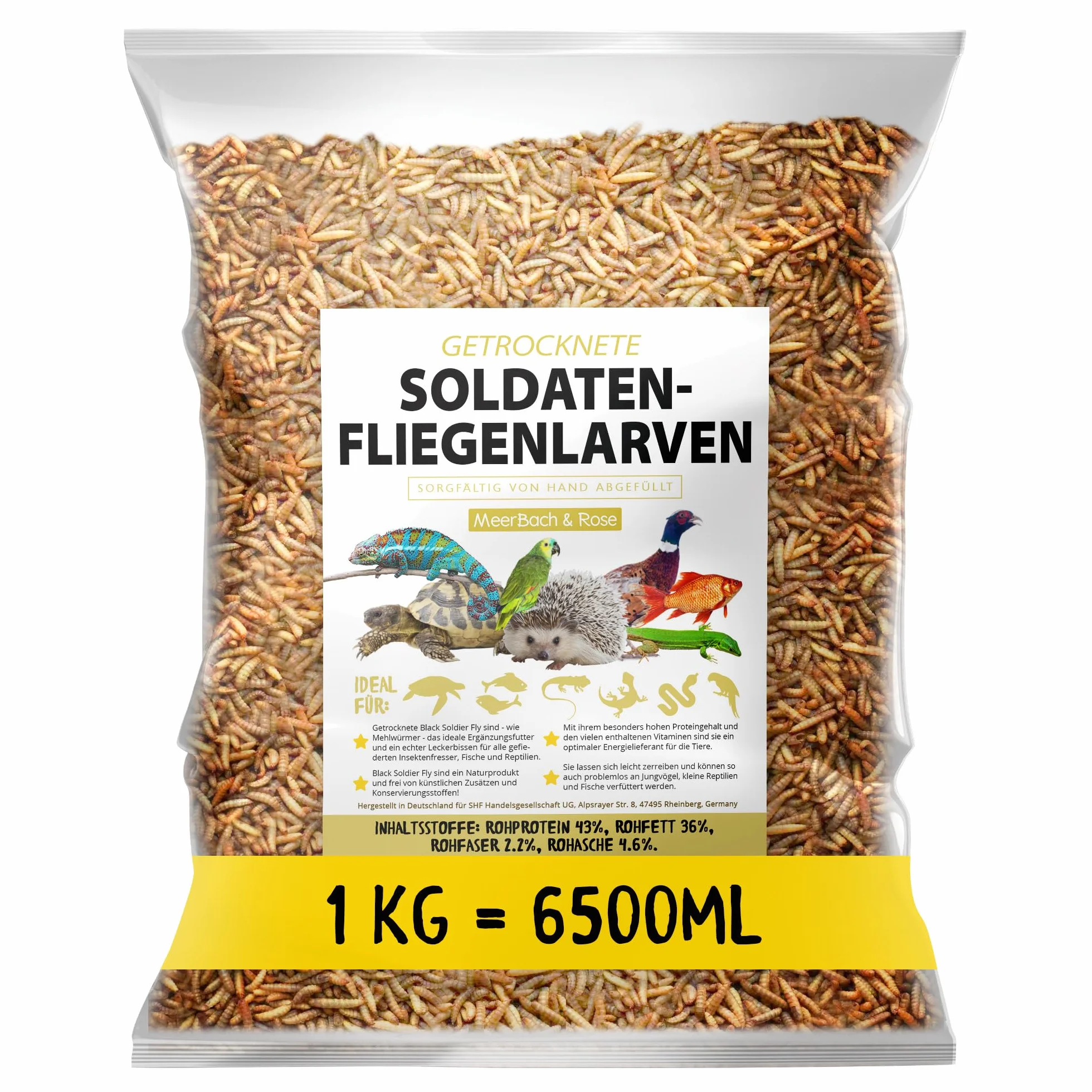 Larves de mouches soldats séchées - Black Soldier Fly - 1 kg (équivalent à 6,5 l) Aliment en sachet, collation riche en protéines pour oiseaux sauvages, poissons, reptiles, tortues et hérissons