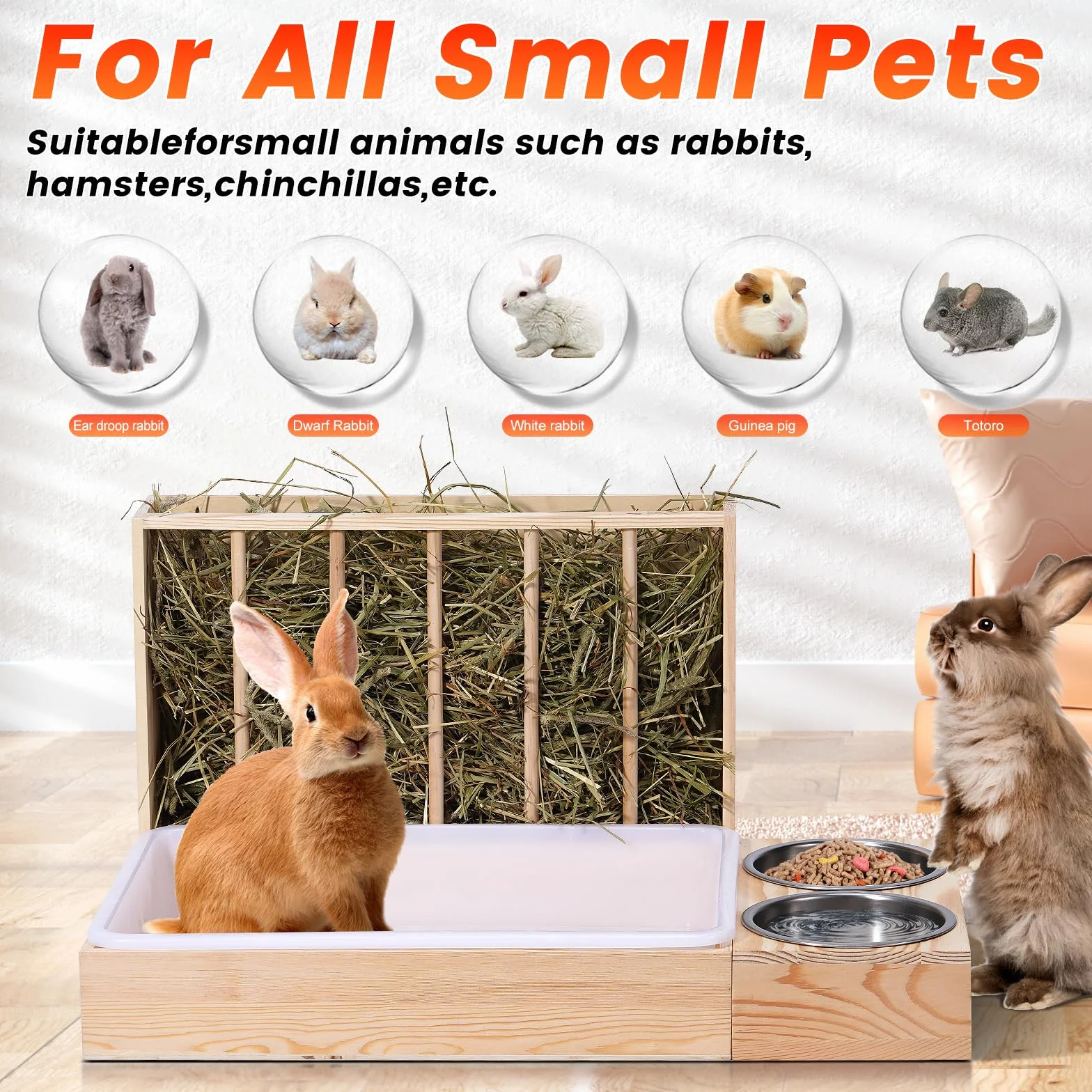 Râtelier à foin 3 en 1 pour lapin en bois avec deux bols distributeur nourriture petits animaux