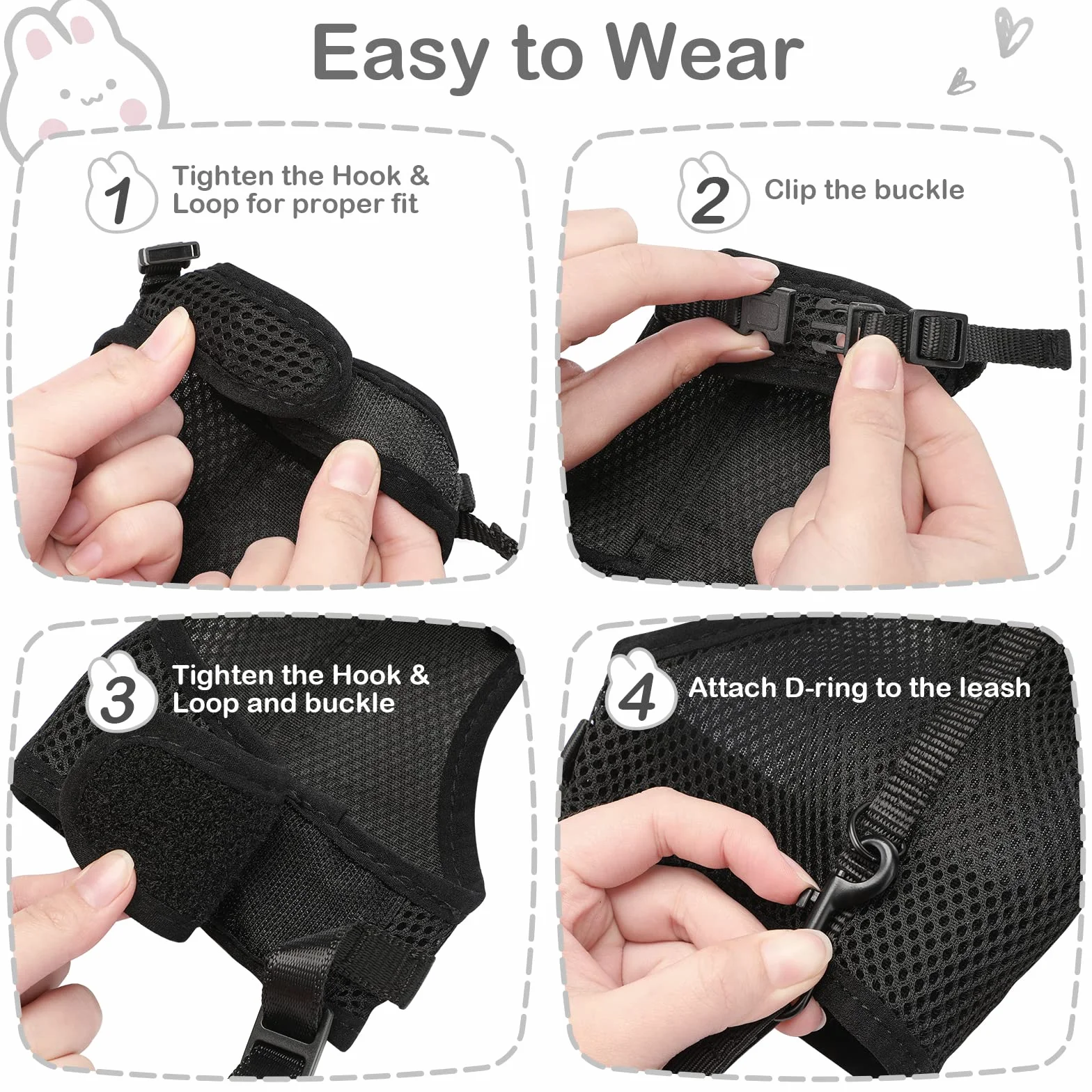 HAPPY HACHI Harnais pour Lapins Cochons d'Inde Petits Animaux avec Laisse Élastique Gilet Souple pour Promenade (L, Noir)