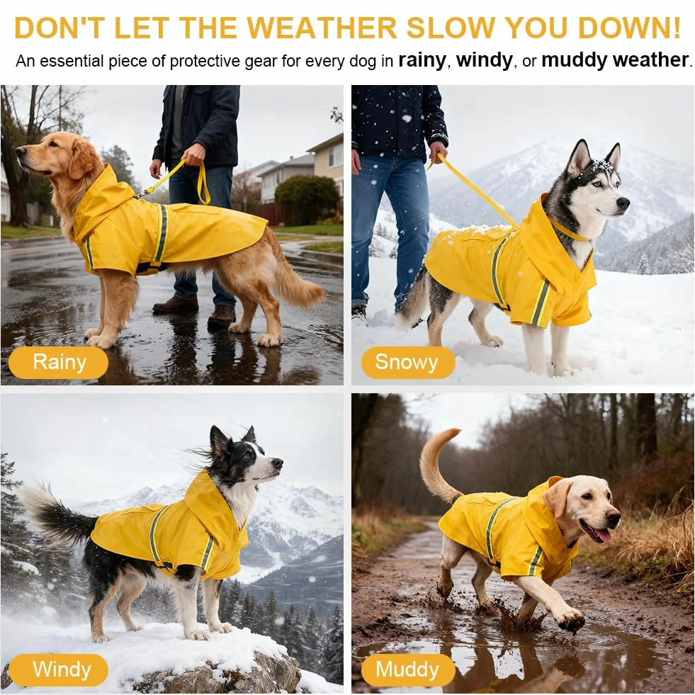 OSDUE Imperméable Chiens, Manteau de Pluie Réglable avec Capuchon et Réfléchissantes Manteaux Imperméables Légers & Confortables 100% Étanche et Aéré pour Petits, Moyens et Grands Chiens(Jaune, 3XL)