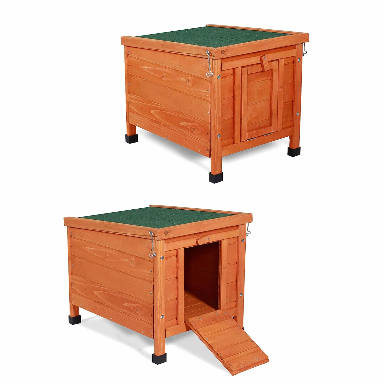 Clapier en Bois avec Deux Entrées 43x43x52 cm Toit Rabattable Bitume Hydrofuge Pieds Plastique