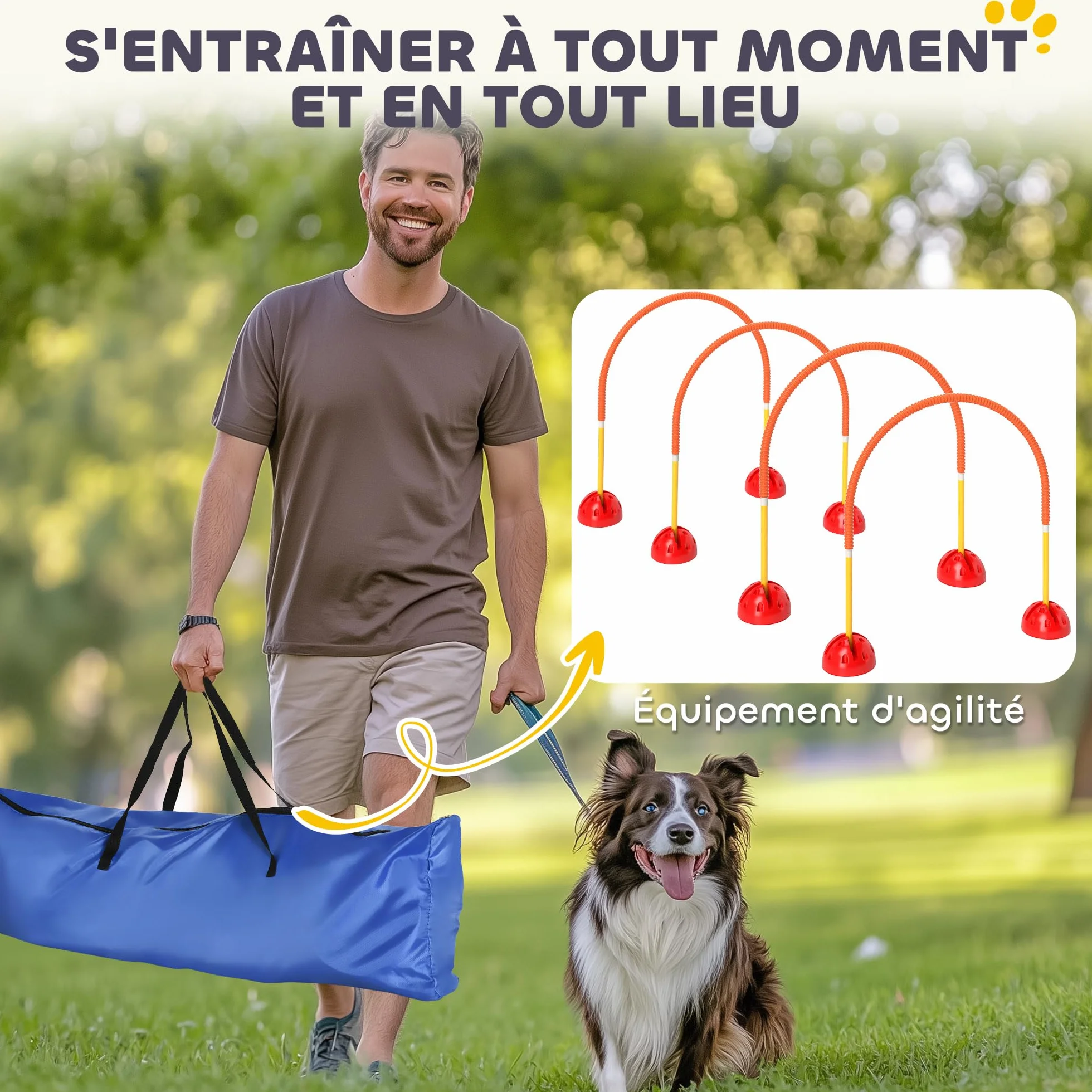 PawHut Kit d'équipement d'agilité pour Chien avec 4 Portes à Largeur réglable, Sac de Transport, Jaune et Orange