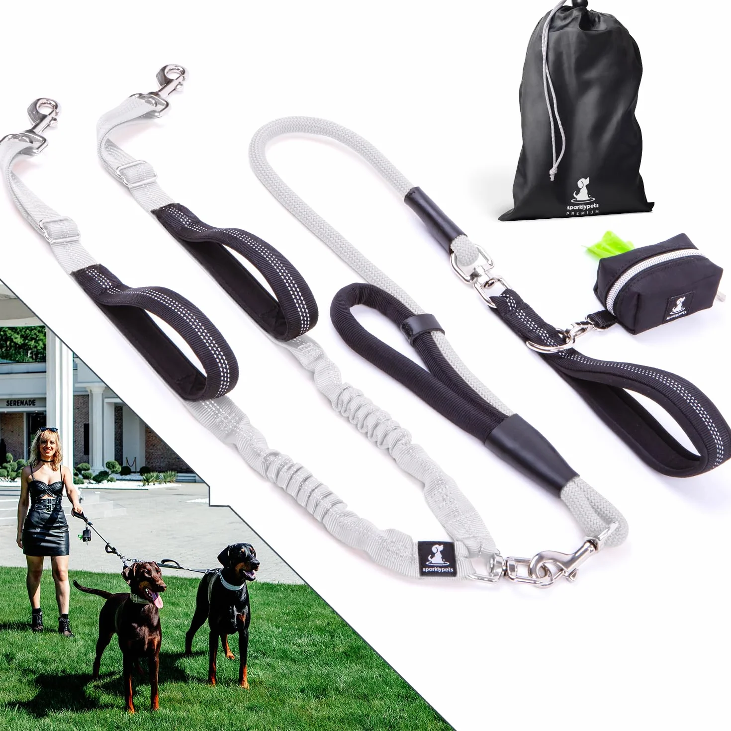Laisse Double de qualité supérieure pour Deux Chiens - Absorption des Chocs et Anti-Traction - Double Laisse pour Chiens de Taille Moyenne et Grande avec Double Attache réglable pour 2 Chiens