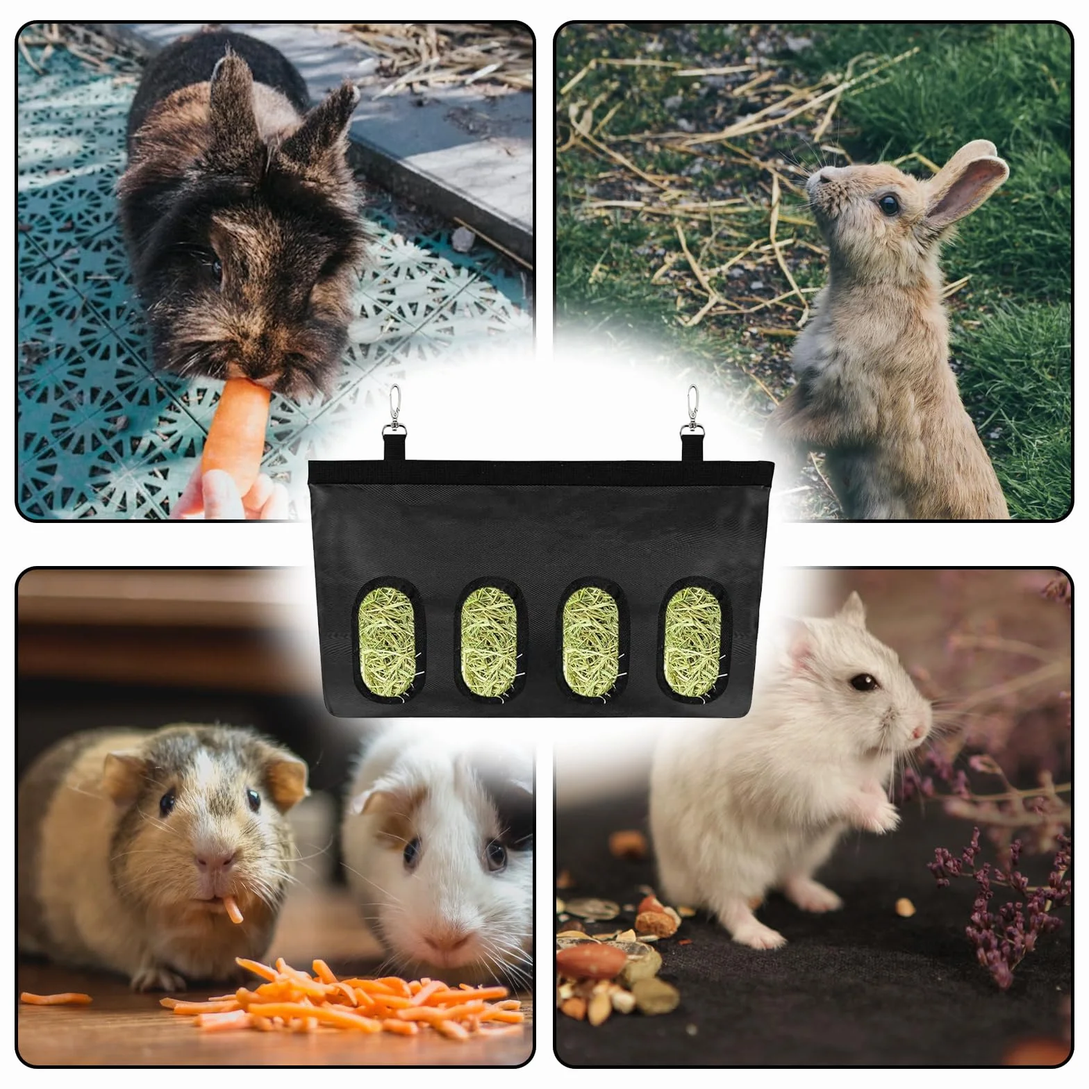 Sac à Foin pour Lapin, Distributeur Automatique Suspendu avec 4 Fenêtres, Noir
