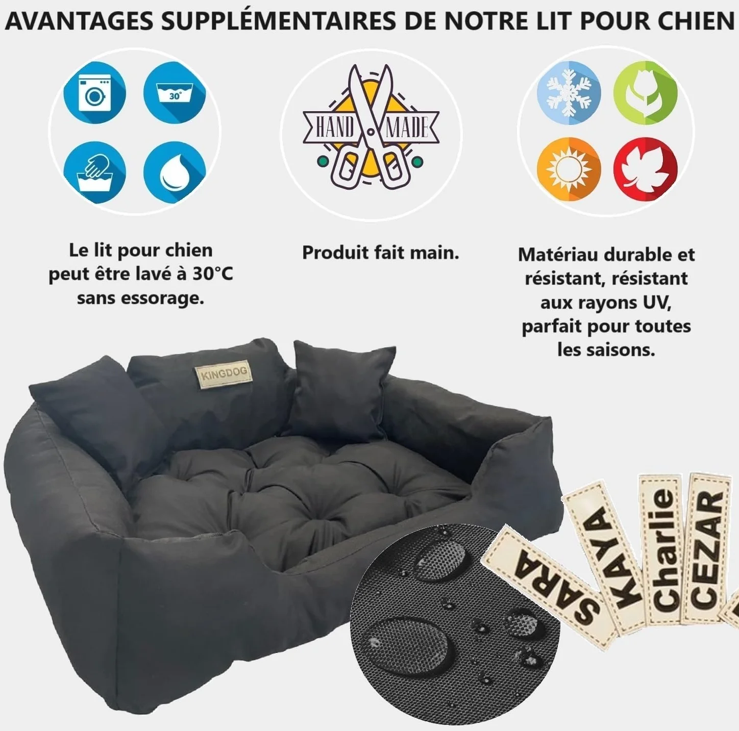 KING DOG Lit pour Grands Chiens 100x75 Noir Coussin Imperméable Canapé Adapté au Lavage