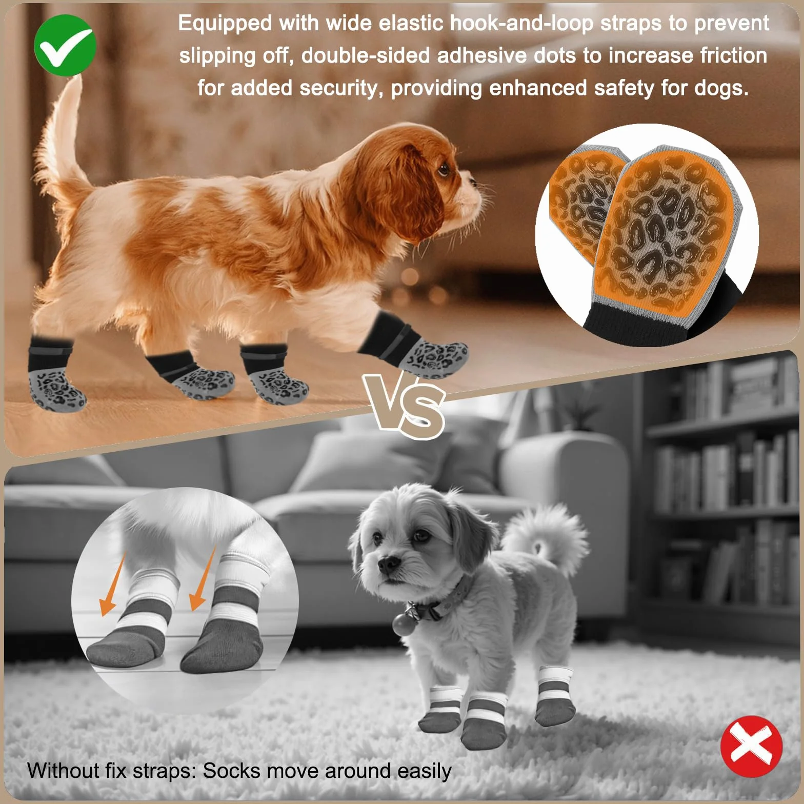 Chaussettes pour Chien Antidérapantes 2 Paires avec Bande Auto Réglable Protection Pattes Intérieur Extérieur (M)
