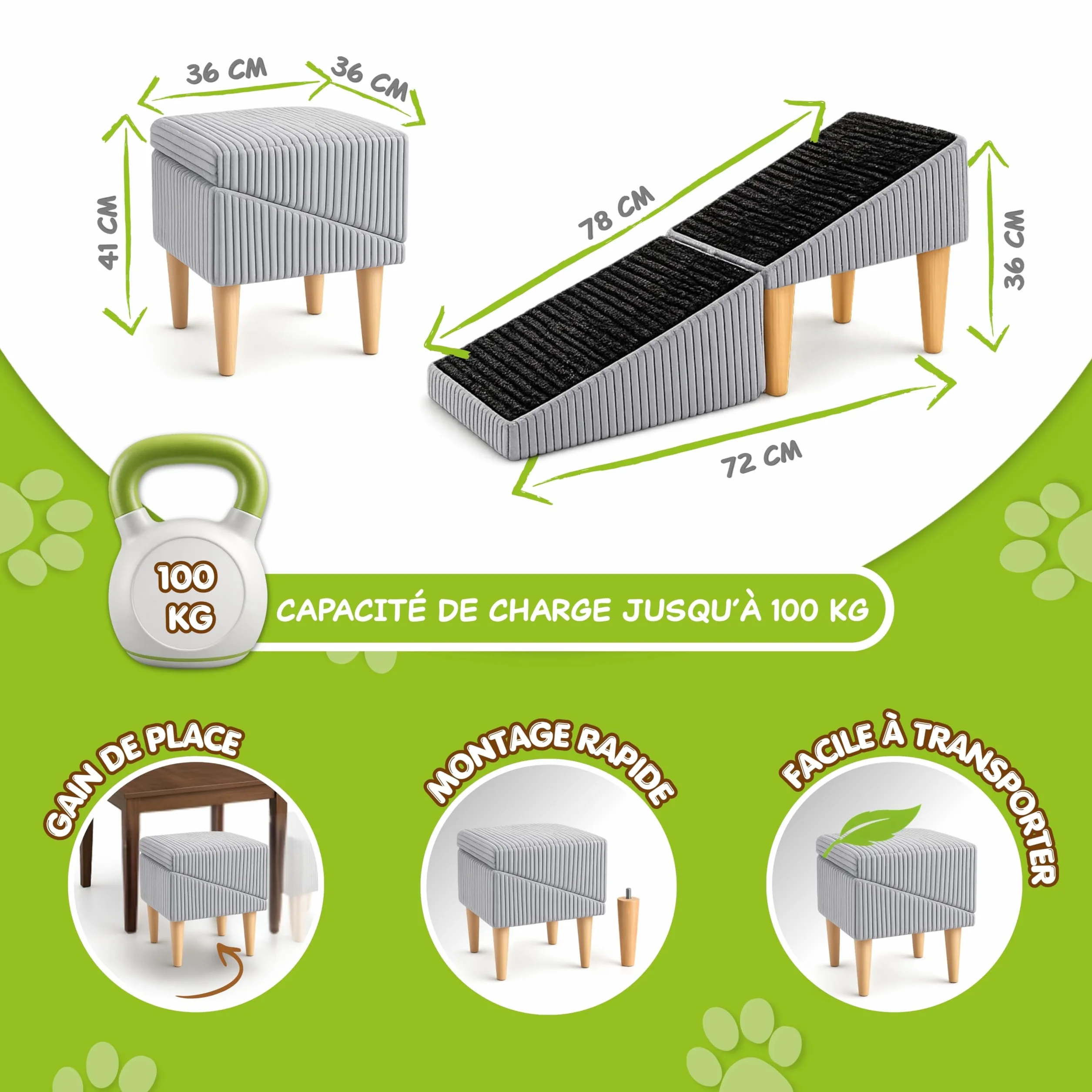 2 en 1 Siège Escalier Chien Antidérapant Pliable Effet Cuir Beige 36 cm