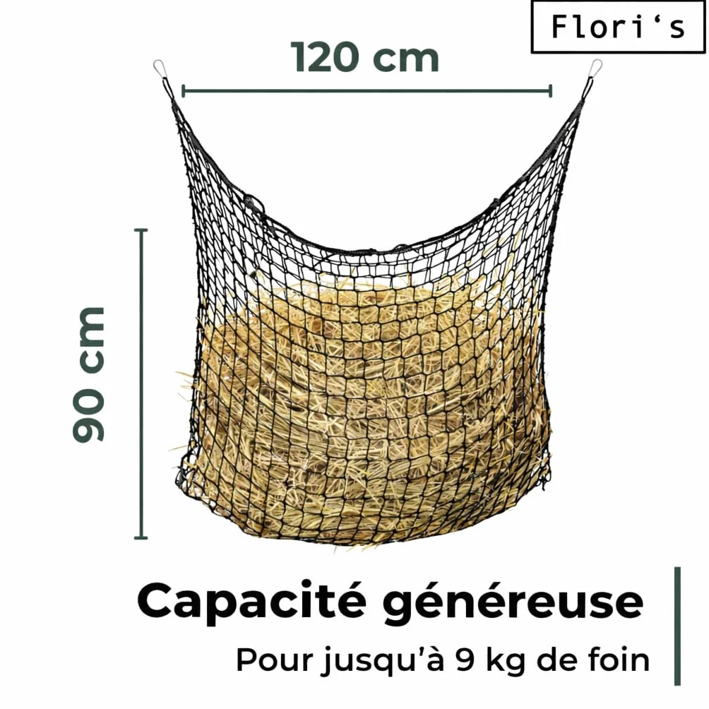 Filet à foin pour chevaux 90×120 cm maille étroite 4,5 cm mousqueton Slow Feeder