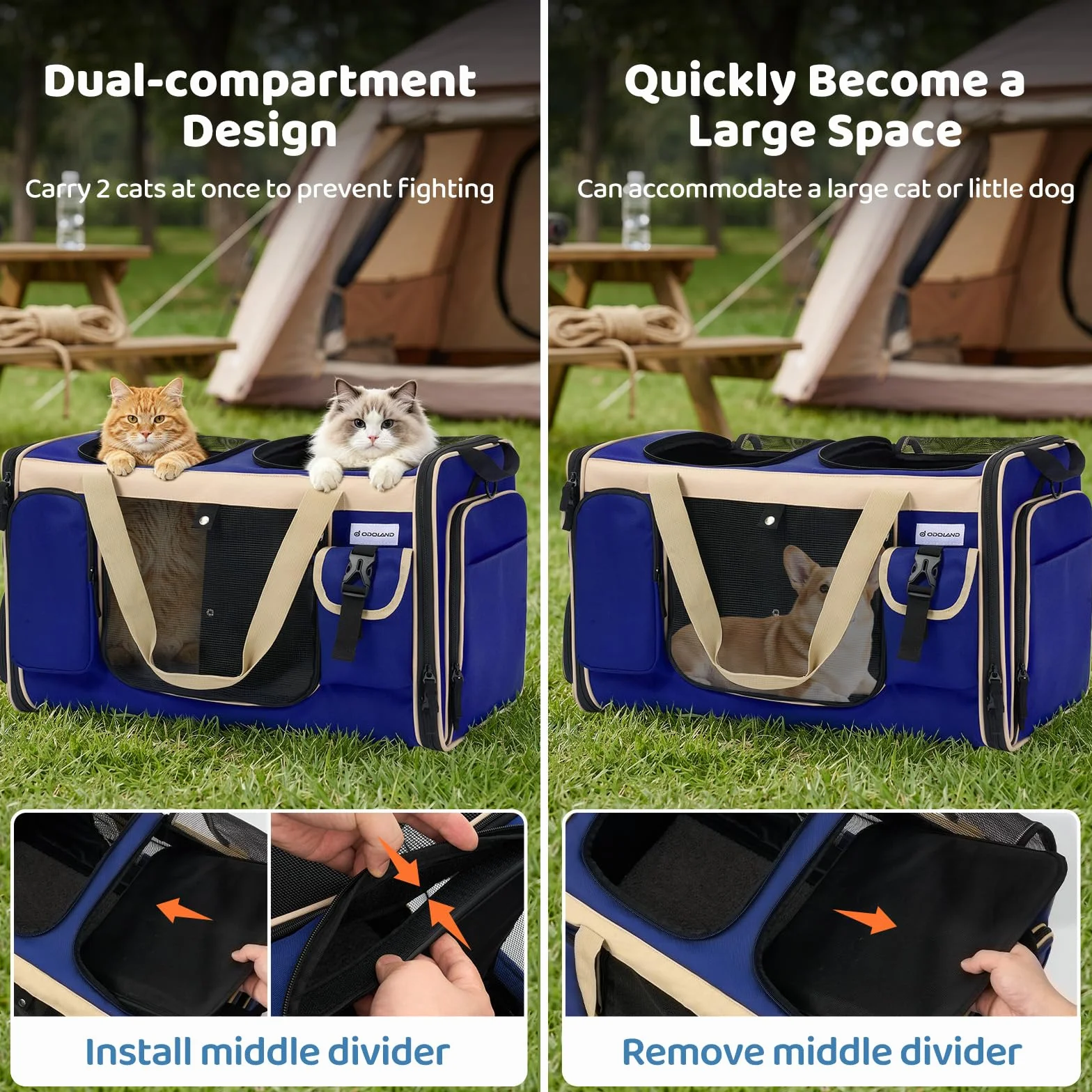Odoland Pliable Sac de Transport pour Chats 2 Chats Extensible avec Bandoulière et Bac à Litière Bleu