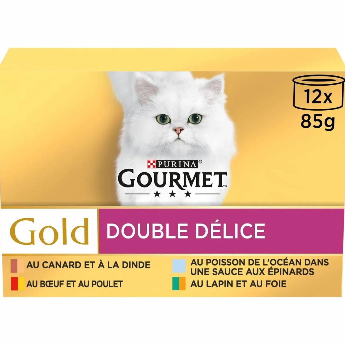 GOURMET | Gold | Double Délice | Chat Adulte | Filettines en Sauce | Bœuf et Poulet, Lapin et Foie, Poisson de l'Océan Sauce aux Epinards, Canard et Dinde | Boîtes | Lot de 8 (12 x 85 g)