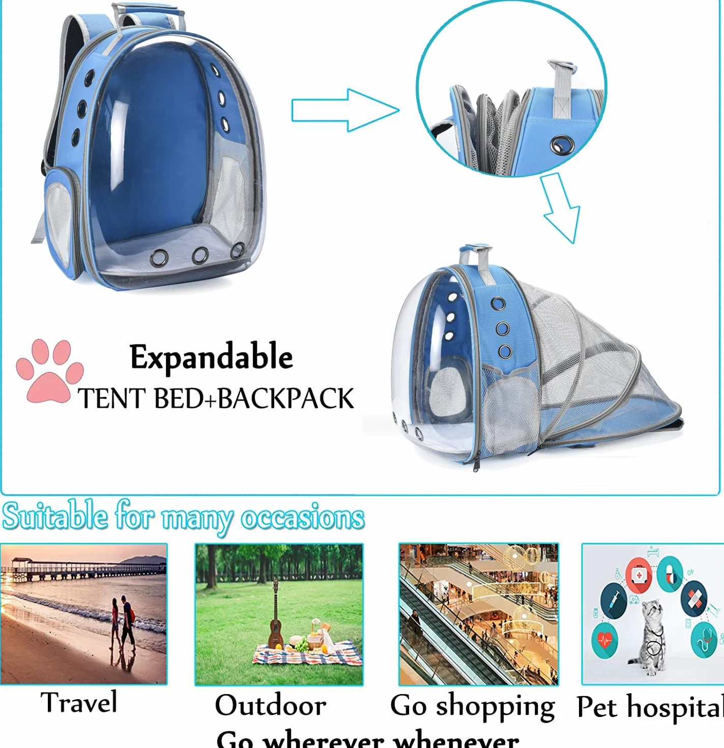 Sac à Dos Chat Chien Transport avec Fenêtre Frontale Transparente et Dos Extensible pour Voyage