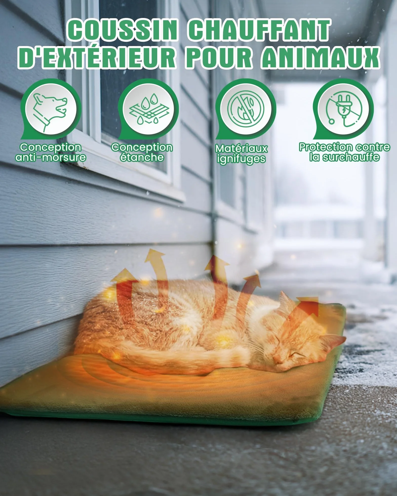 petnf Coussin Chauffant d‘Extérieur pour Chien et Chat - Température Auto-Régulée, Étanche, Câble Anti-Morsure - pour Niche, Maison de Chat et Panier, Vert, 40x50 cm