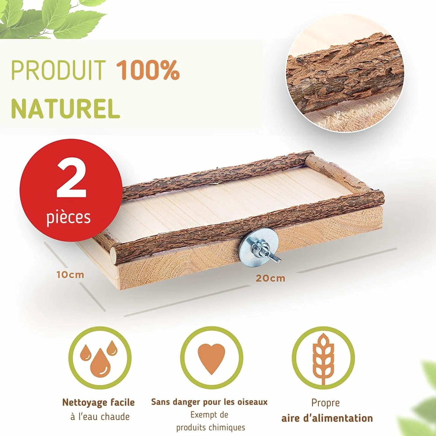 Perchoir Perroquet en Bois Naturel - Mangeoire 2 en 1 pour Cage à Oiseaux