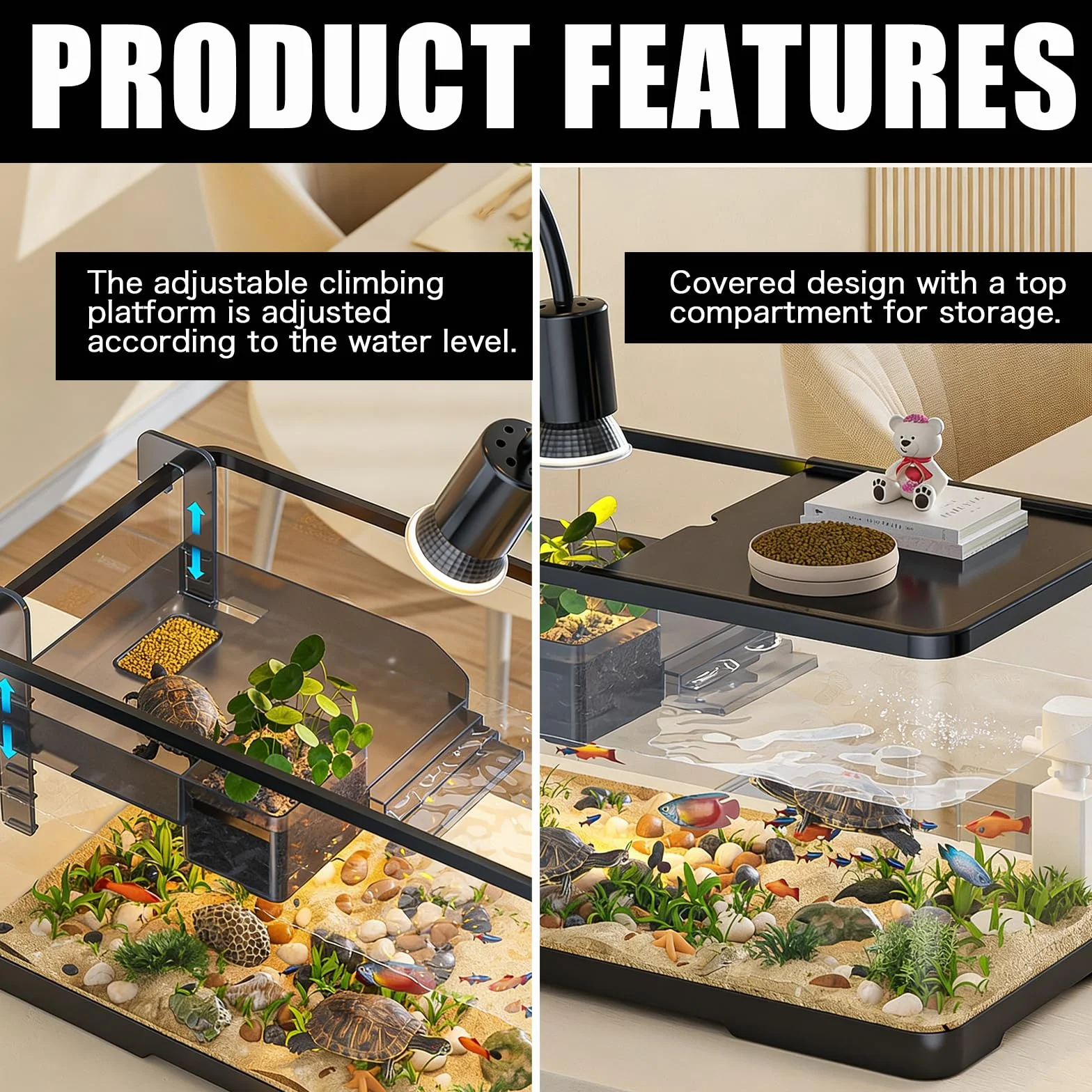 Terrarium Tortue avec Plateforme de Repos et Lampe, Aquarium Tortue Deau avec Plateforme Suspendue, Couvercle