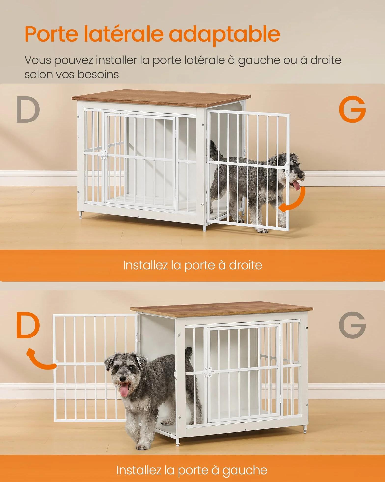 Feandrea Meuble Cage pour Chien Table d'Appoint Fond Plein 2 Portes 82x55x64 cm pour Chiens Jusqu'à 20 kg Blanc Nuage Marron Miel