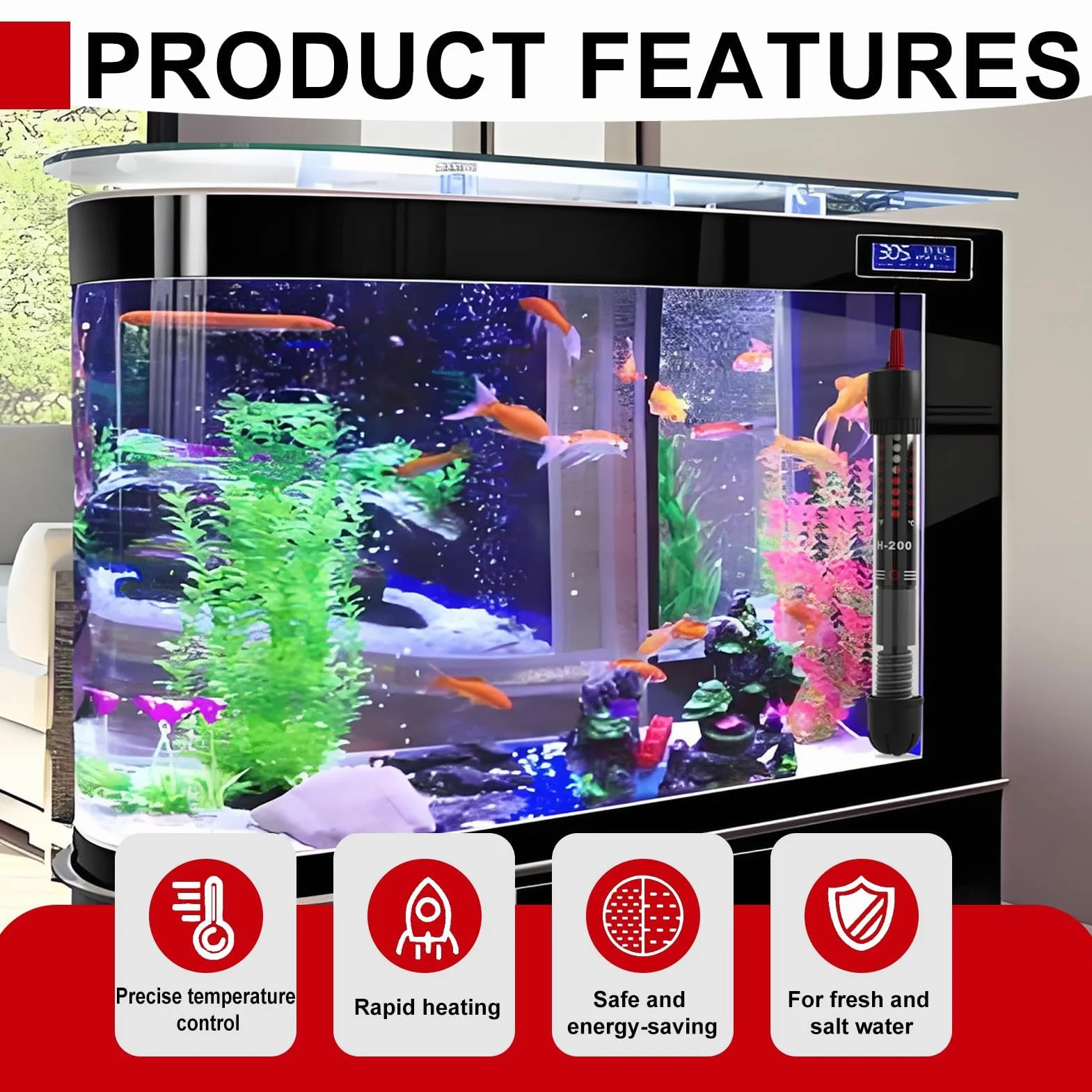 Puissant Chauffage d’Aquarium Submersible 50W avec Thermostat Réglable 20-34℃ pour Poissons et Tortues, Compact et Sécurisé avec Ventouse, Verre de Quartz Résistant pour Réservoirs 10L à 60L