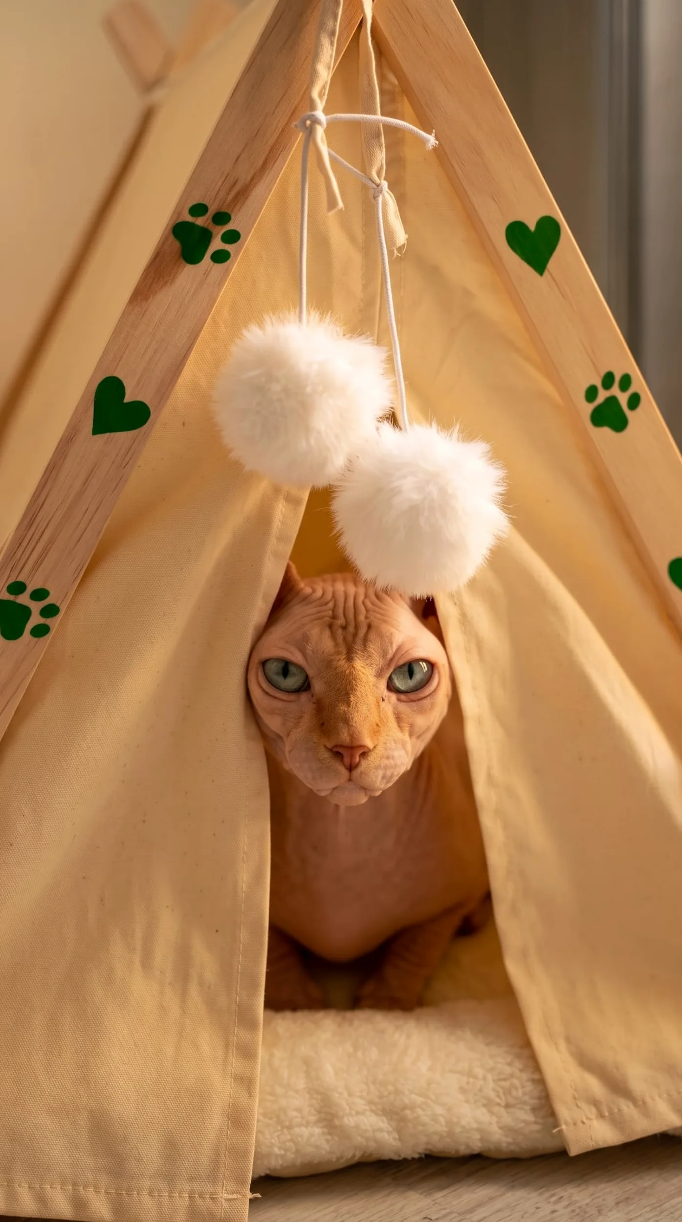 Tipi Lit pour chats et petits chiens – Grotte en bois massif, coton et lin respirant, niche igloo d'intérieur pour animaux de compagnie, chiots, berceau de voyage pliable et portable avec coussin
