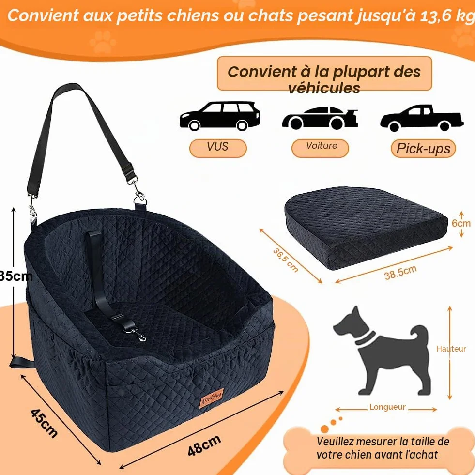 Siège Auto pour Petit Chien Rehausseur Amovible Lavable jusqu'à 11,3 kg Lit de Voyage avec Rangement Ceinture de Sécurité Noir