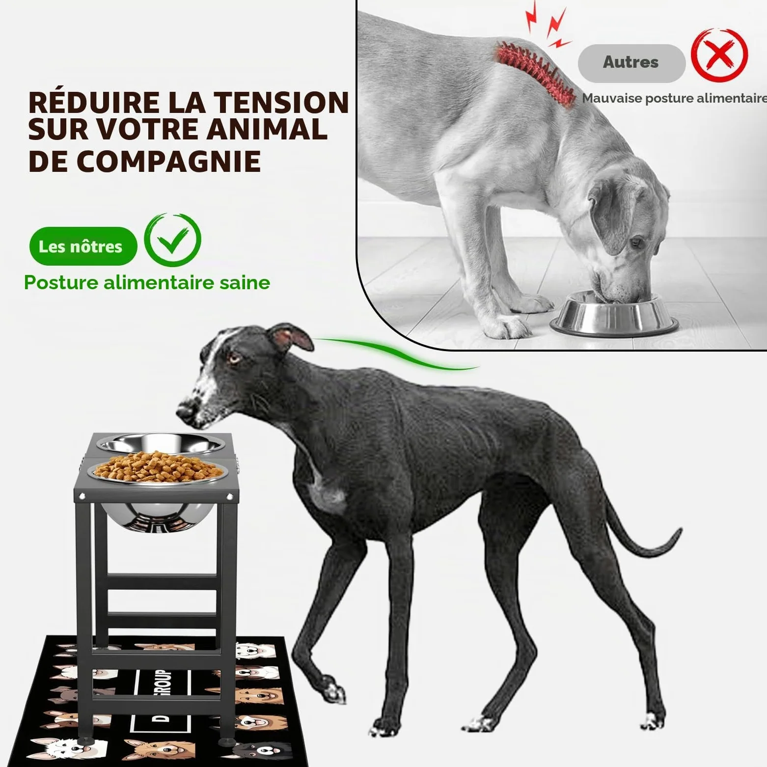 ADENGL Gamelles surélevées pour chiens de grande et grande race, support de bol surélevé avec 2 gamelles en acier inoxydable (2,863 g) et tapis anti-déversement, mangeoire pour chiens de très grande