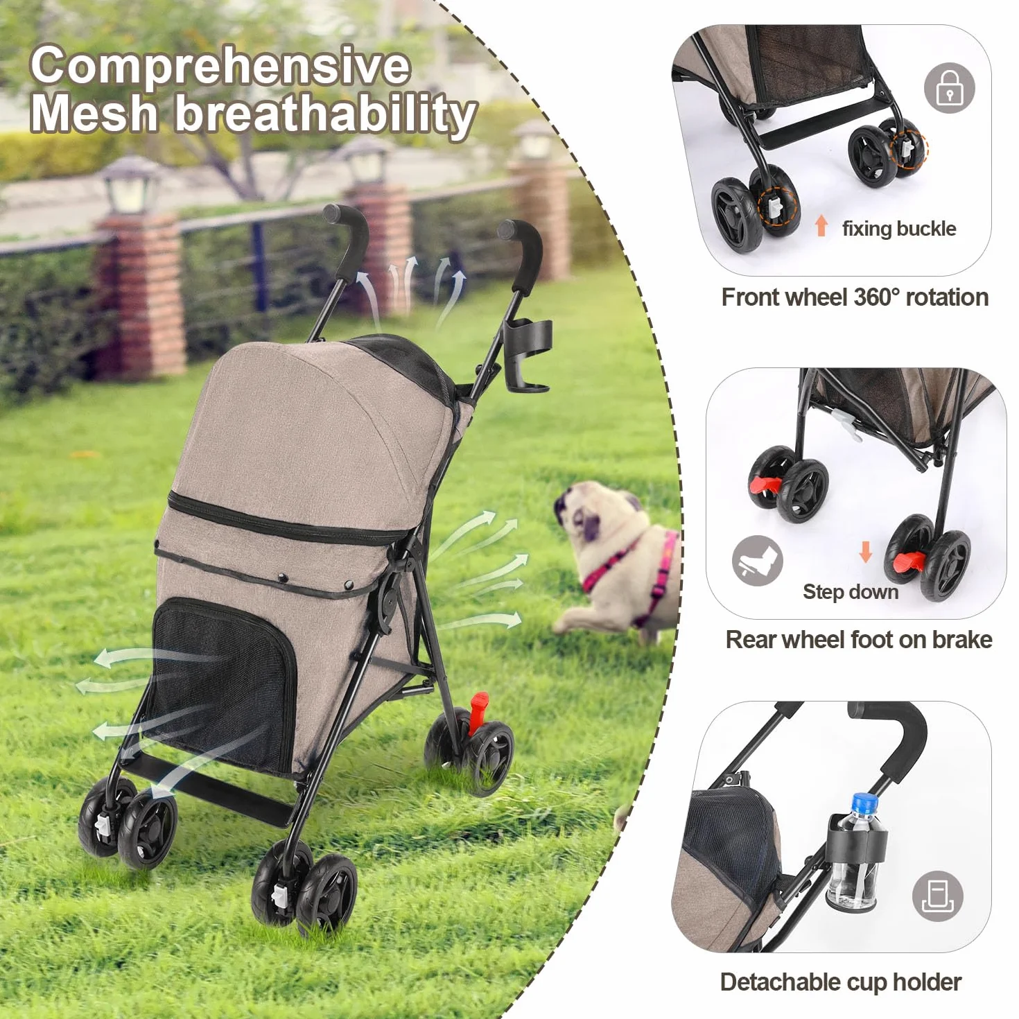 Poussette pour chien taille moyenne pliable 15 kg 4 roues porte-gobelet roues avant rotatives 360°