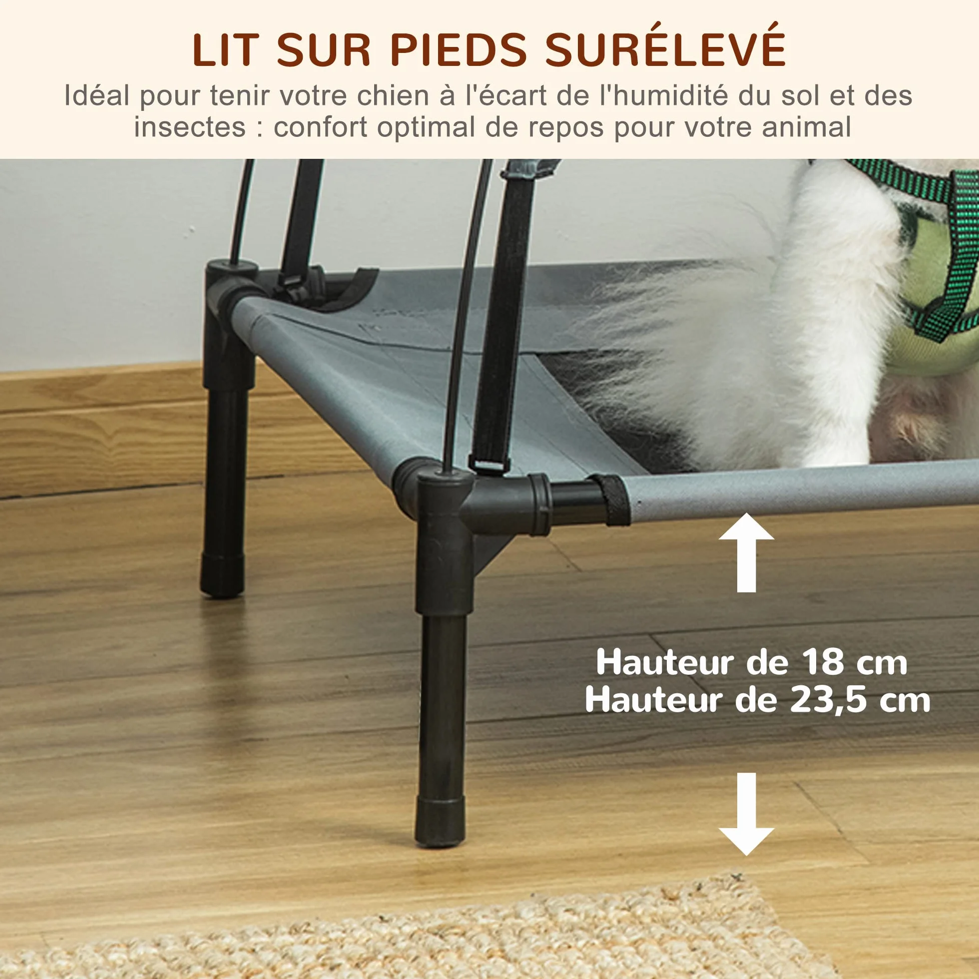 PawHut Lit Chien Surélevé avec Parasol 161x46x61 cm Gris Noir Anti-UV Oxford Respirant