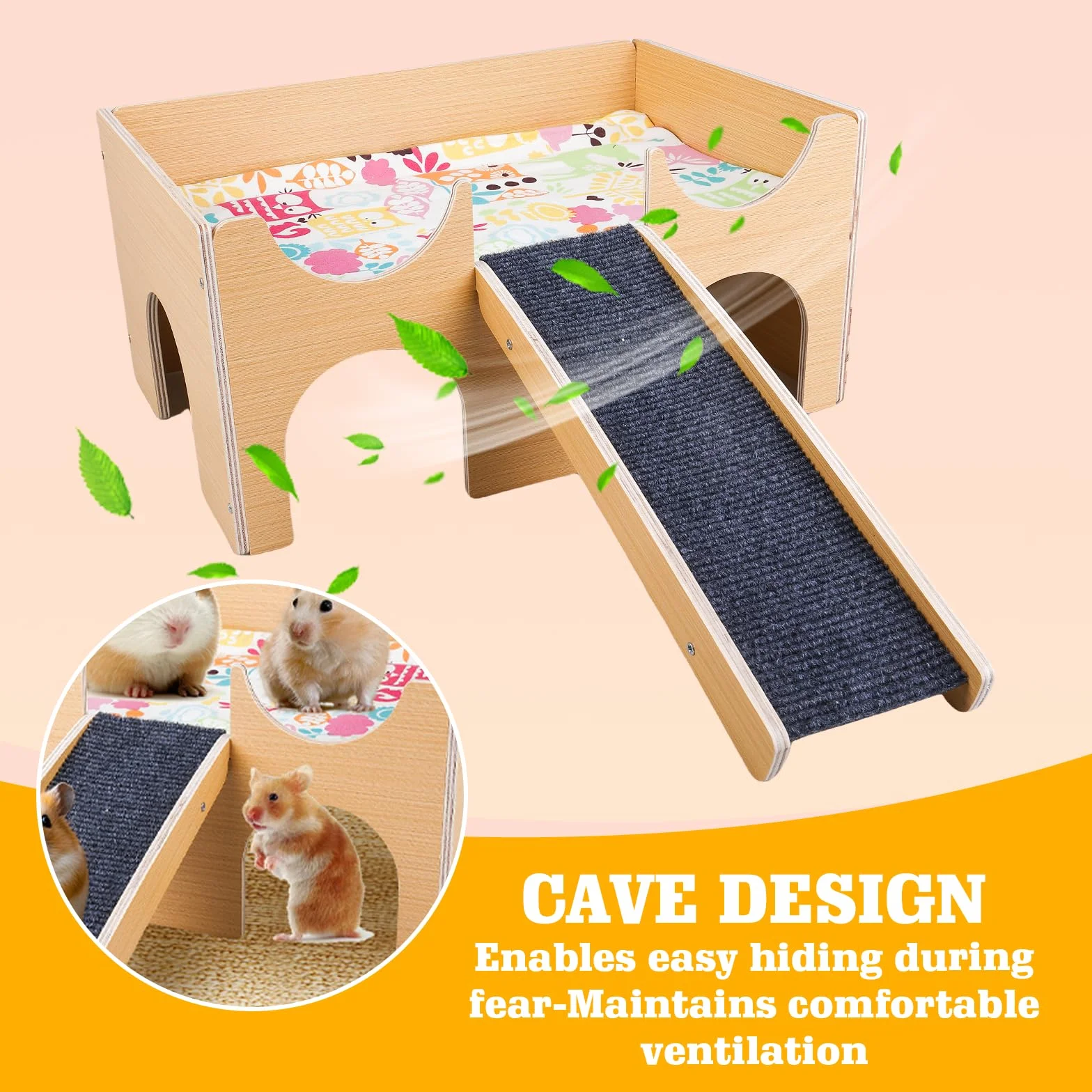 Grande maison pour cochons d'Inde en bois massif avec rampe et 3 entrées, maison de lapin naturel, pour rats, hamsters et petits animaux