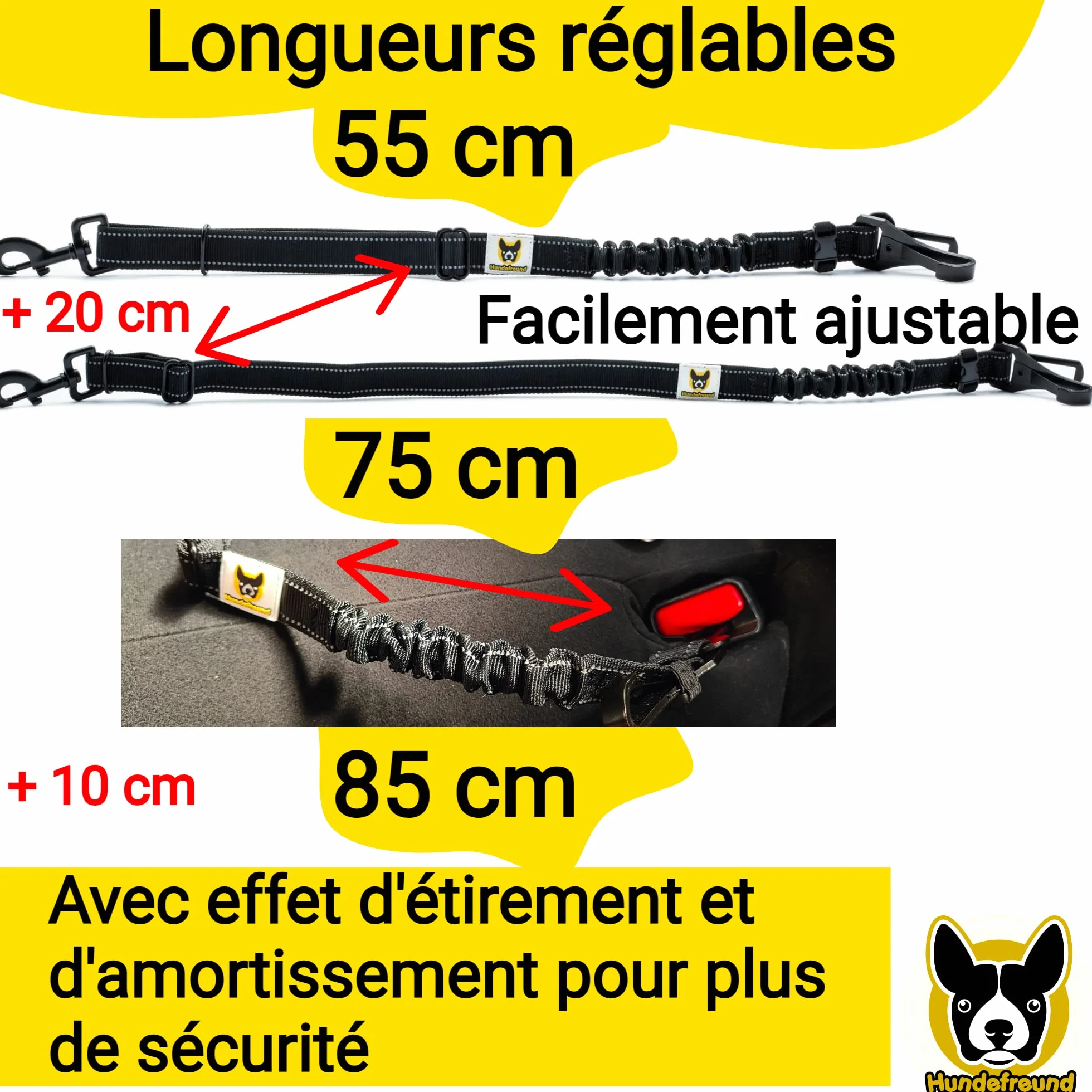 Hundefreund Ceinture de Sécurité pour Chien Voiture Extrêmement Sûre - Ceinture Chien Voiture Réglable avec Amortisseur pour Tous Les Types de Voitures et Toutes Les Races de Chiens
