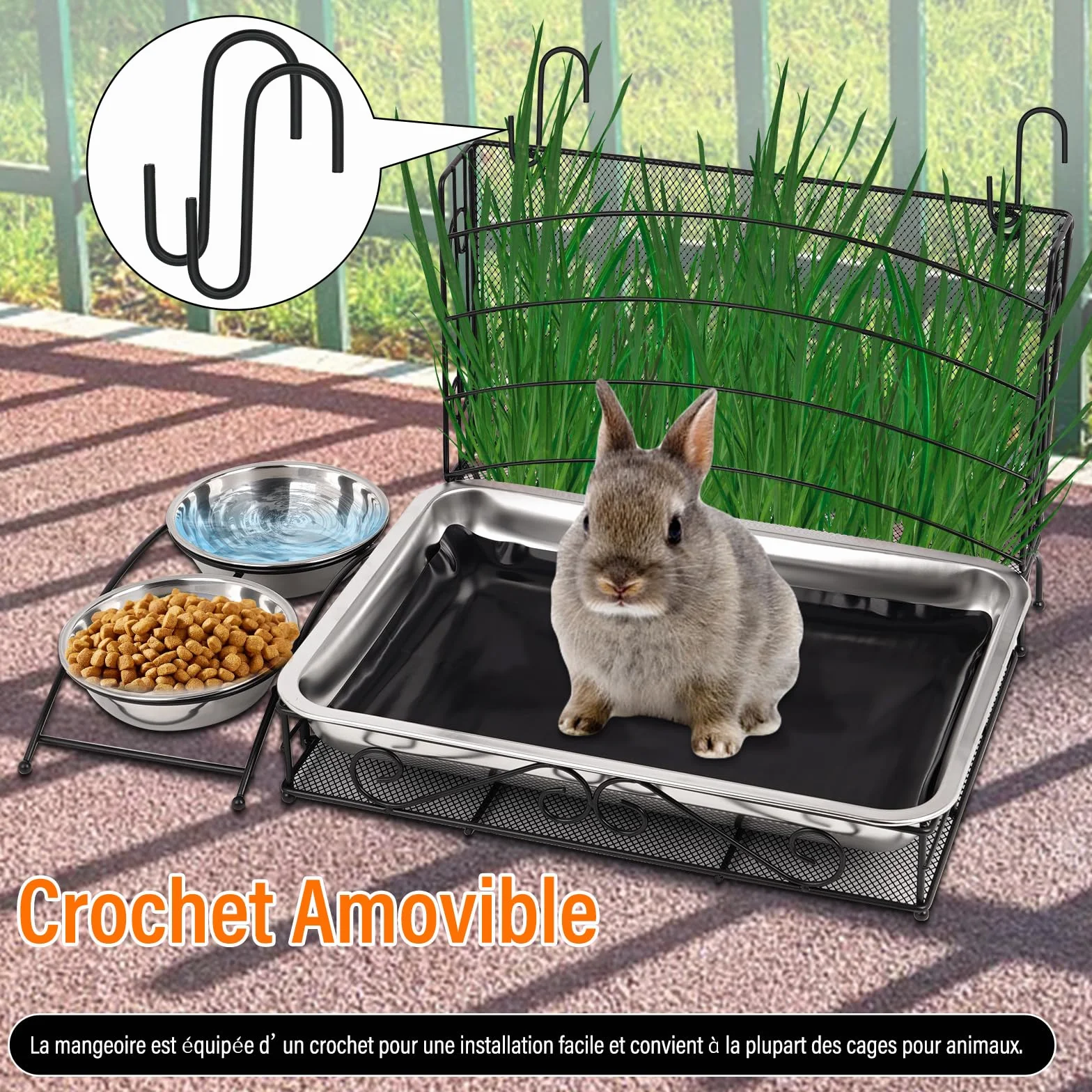Mangeoire à Foin Pour Lapin 3-en-1 Avec Tapis Imperméable et Bol d'Eau