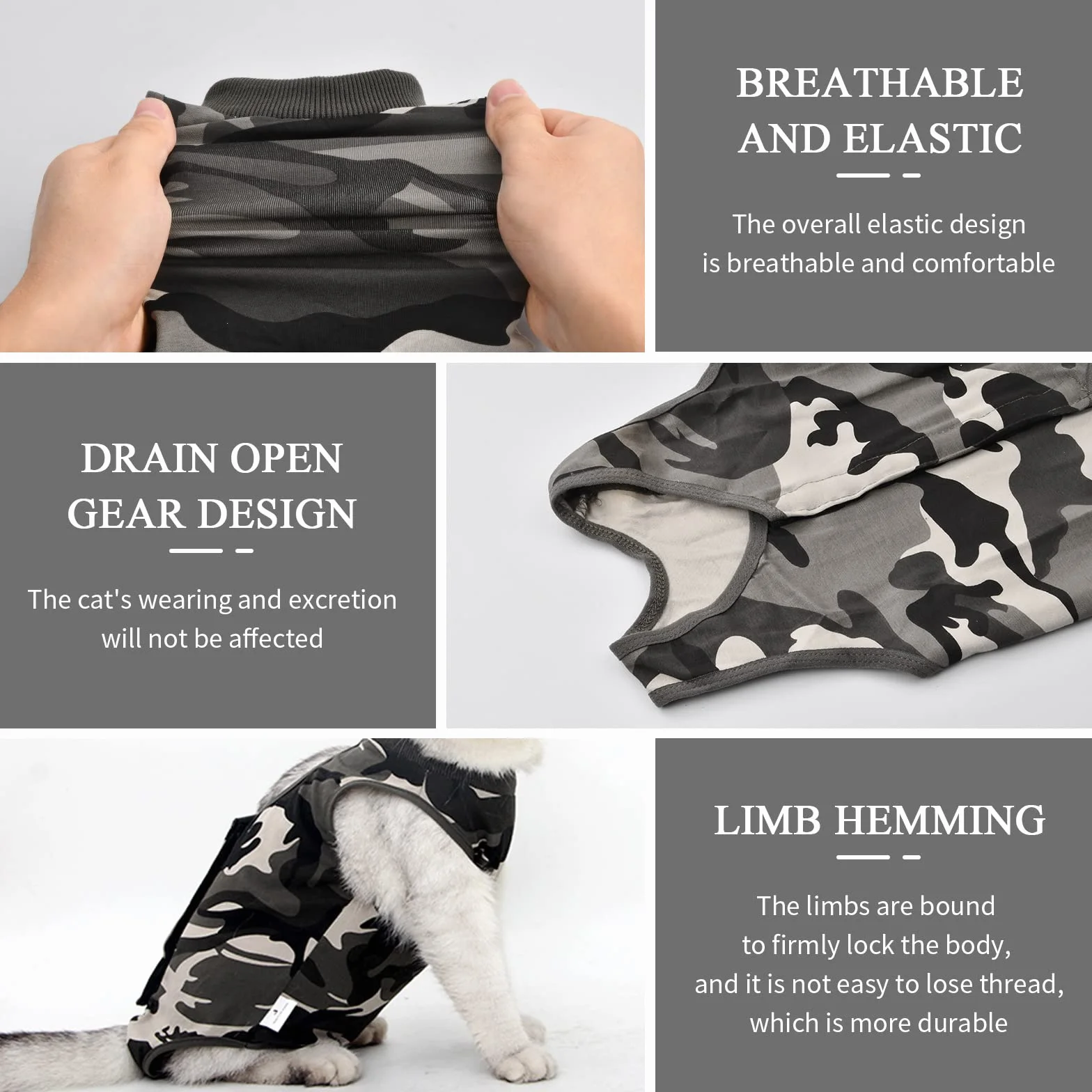 Combinaison de Récupération Chirurgicale pour Chat, Vêtement Post-Opératoire Camouflage, Alternative au Collier Cône E pour Plaies Abdominales (L)